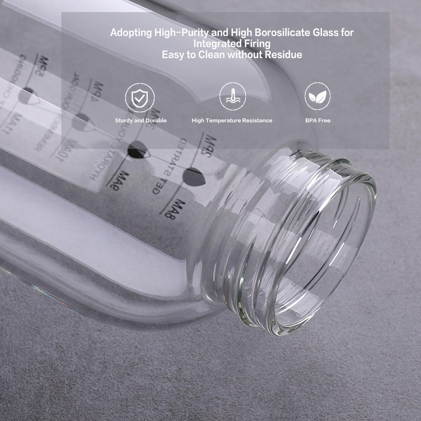 Botella de agua grande de vidrio de 2 litros con marcas motivacionales de ingesta diaria de agua, botella de bebida, botellas de vidrio de boca ancha reutilizables de 64 onzas con funda de asa