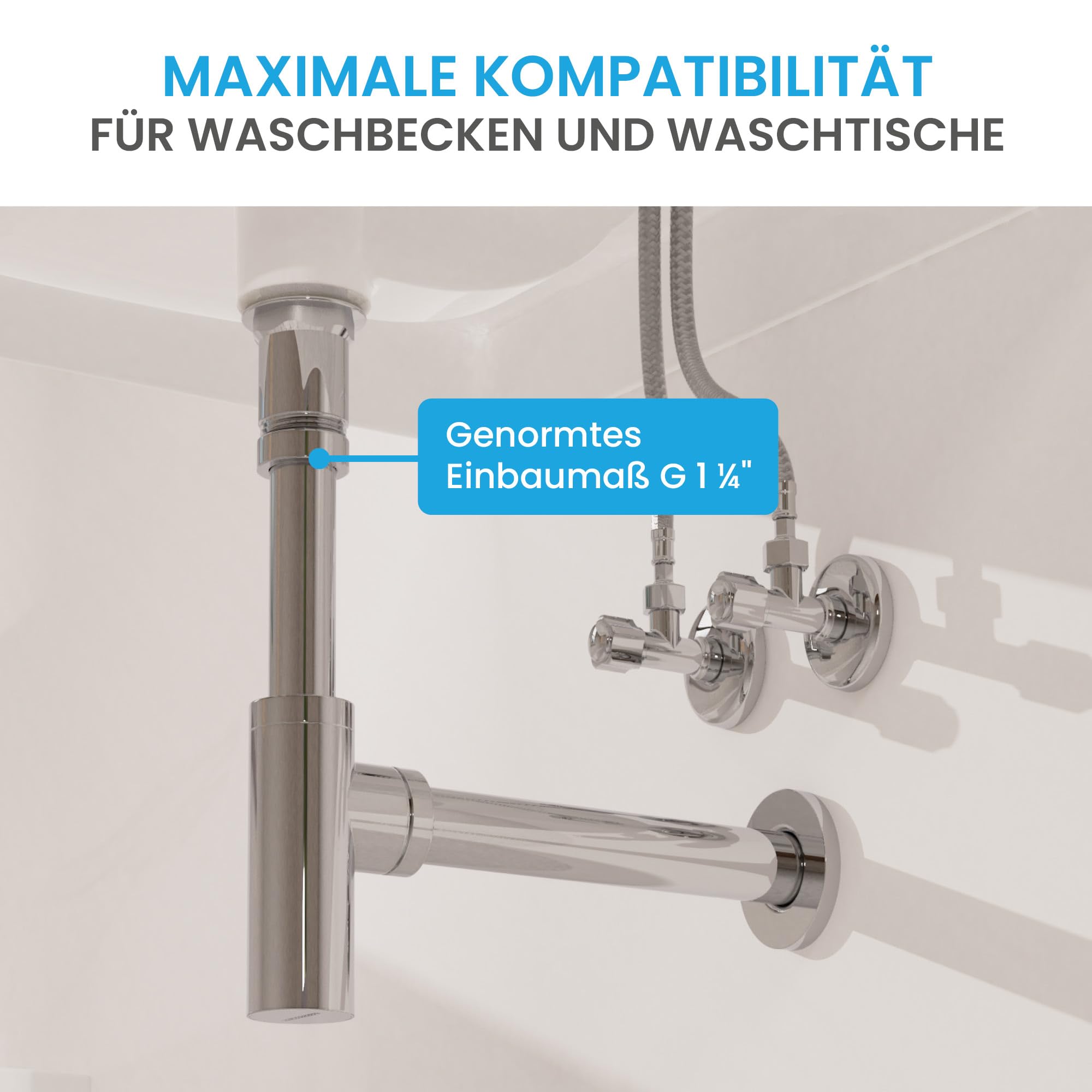 Bächlein Bundle - Badarmatur Aldeya + Ablaufgarnitur platzsparend + Design Siphon - Chrom
