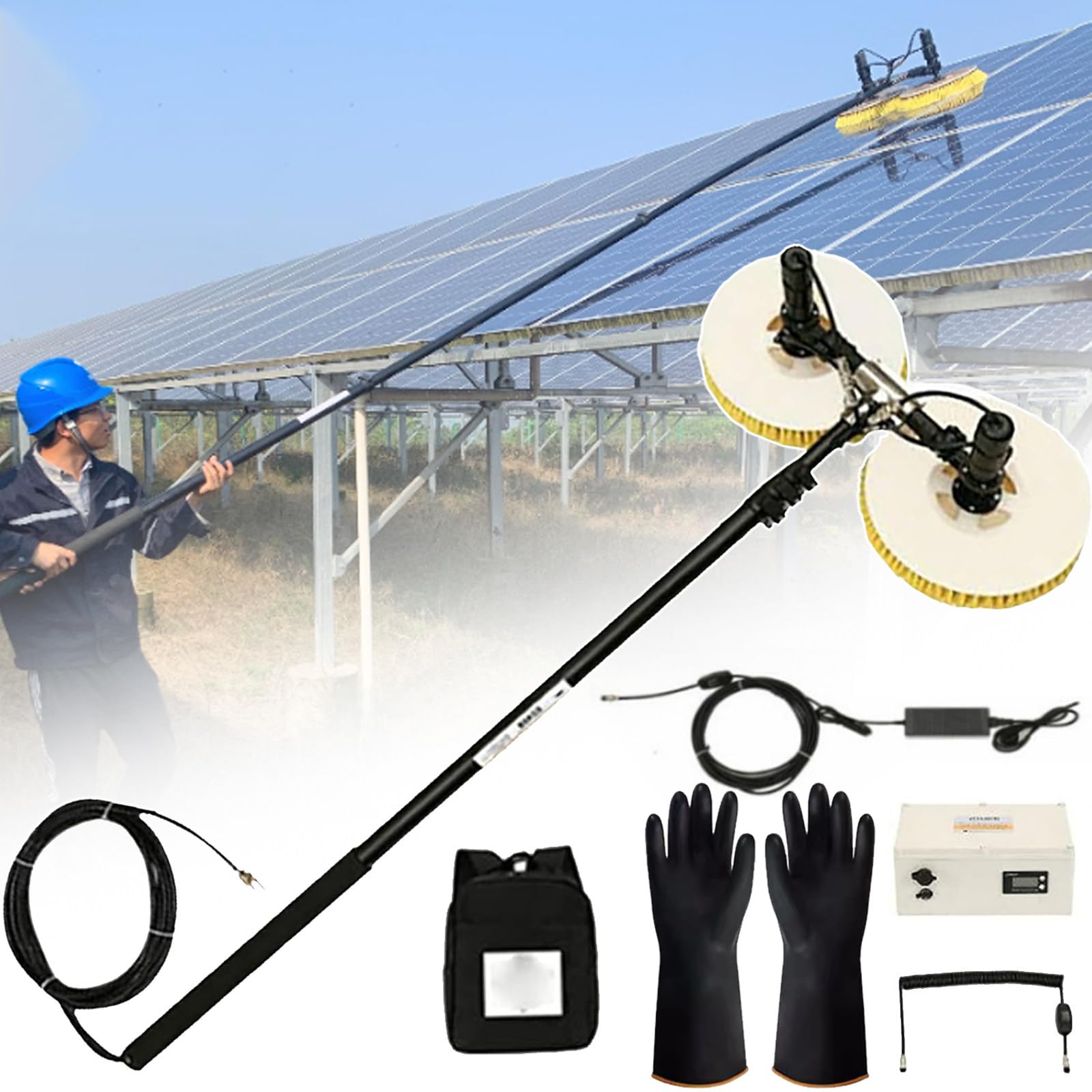 Solar Panel Electric Cleaning Tool, House Water Fed Pole Kit, , 3.5/5.5/7.5m Photovoltaic Panel Electric Cleaning Equipment Brush-2 Round Brushes,Dual-Purpose-Plug-In + Lithium Battery ,3.5m