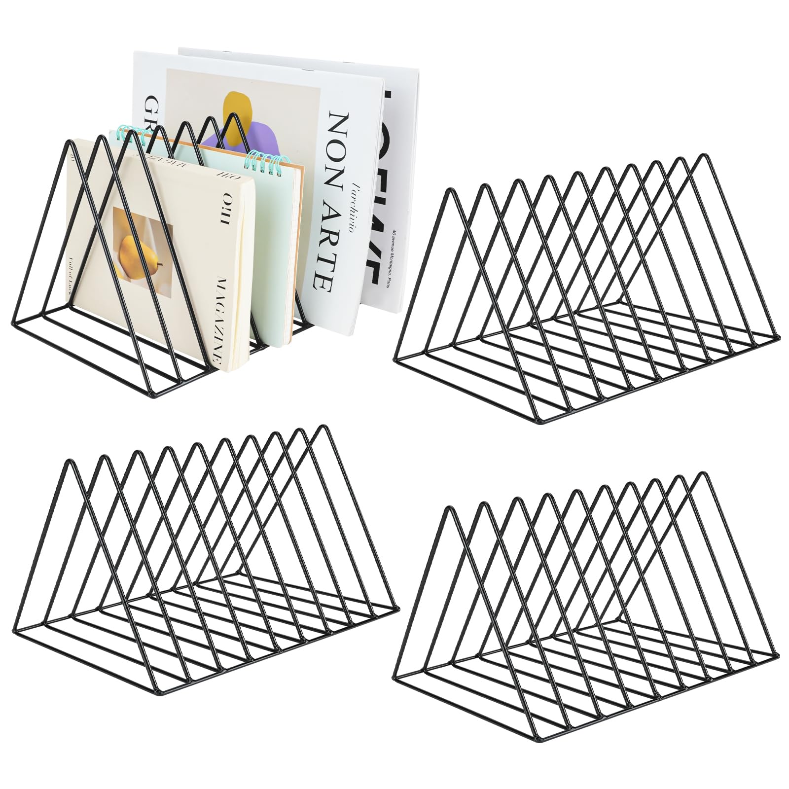 4 pezzi porta documenti triangolari, porta riviste a 9 scomparti, supporto metallico per dischi in vinile, organizer da scrivania per documenti e riviste per ufficio e casa, porta lettere e libri