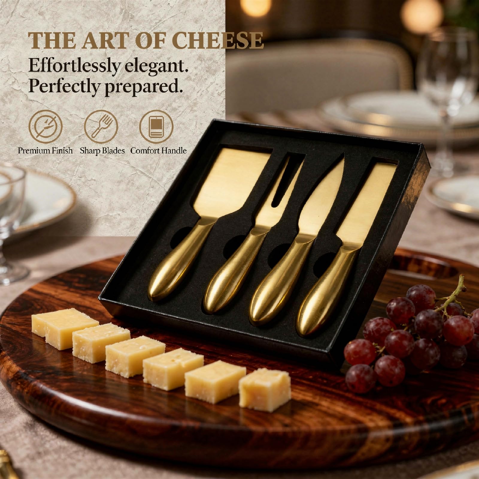 Lot de 4 couteaux à fromage dorés, couteau, fourchette et pelle à fromage en acier inoxydable avec poignée creuse, accessoires pour plateau de charcuterie, coffret cadeau pour crémaillère et mariage