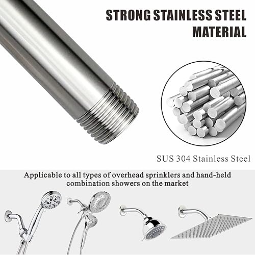 Miniatura 6 de Voolan Brazo de ducha con brida y cinta de teflón, brazo de extensión para cabezal de ducha fijo de baño, acero inoxidable sólido, montado en la