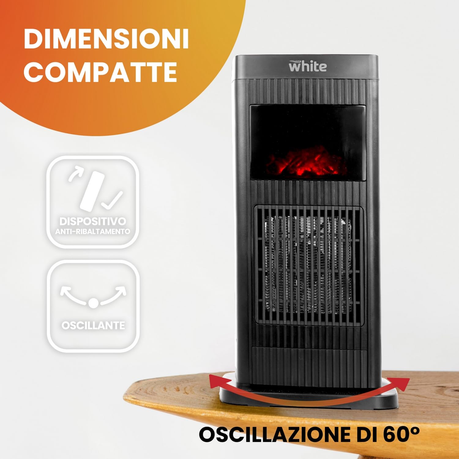 White- Stufa Elettrica Basso Consumo 230v, Stufetta Elettrica Con Led Effetto Camino Fiamma 3d, Riscaldamento Elettrico Potenza Regolabile 900-1500w