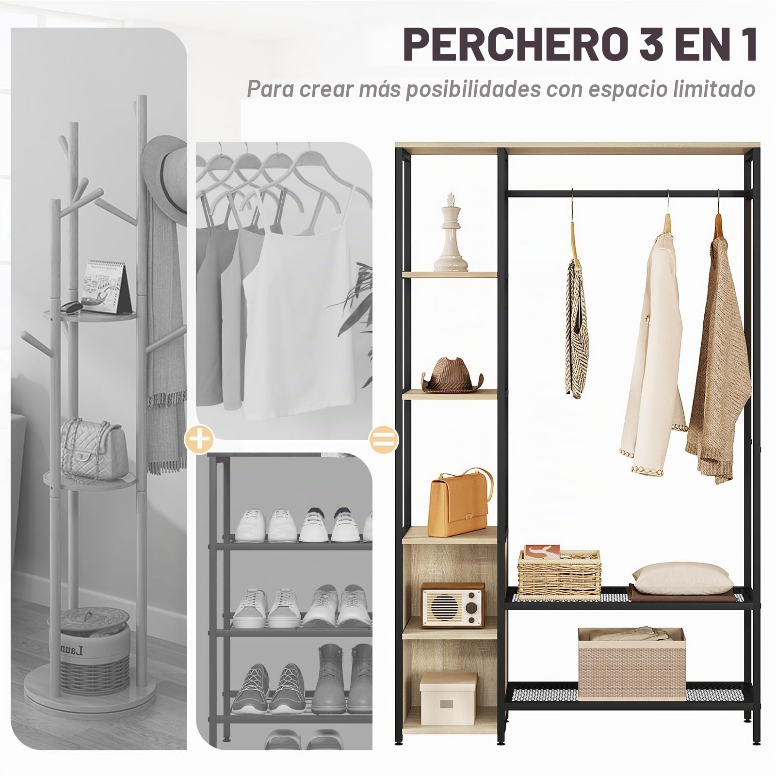 eSituro Perchero Ropa con Zapatero, 2 Estantes, 2 Compartimentos Abiertos y Barra de Colgar, para Entrada Recibidor, Madera+Metal, Roble Claro+Negro