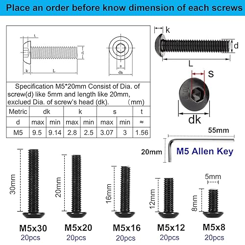 Miniatura 6 de 100 tornillos hexagonales de cabeza de botón, acero de aleación de grado 10.9, métrico M5 x 81216201.181 in Allen Head Hex Drive Machine Tornillos
