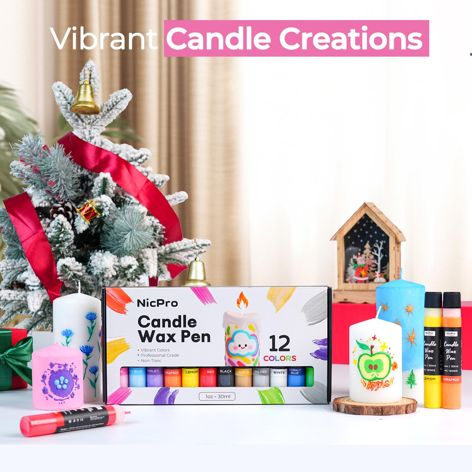 Nicpro Candle Wax Pen, 12 Colors 3D Candle Paint Include Glitter Silver Gold, Non-Toxic Candle Making & Painting Kit, Vibrant Colors Wax Paint for Crafts DIY Birthday Holidays Wedding Party 1-oz(30ml)