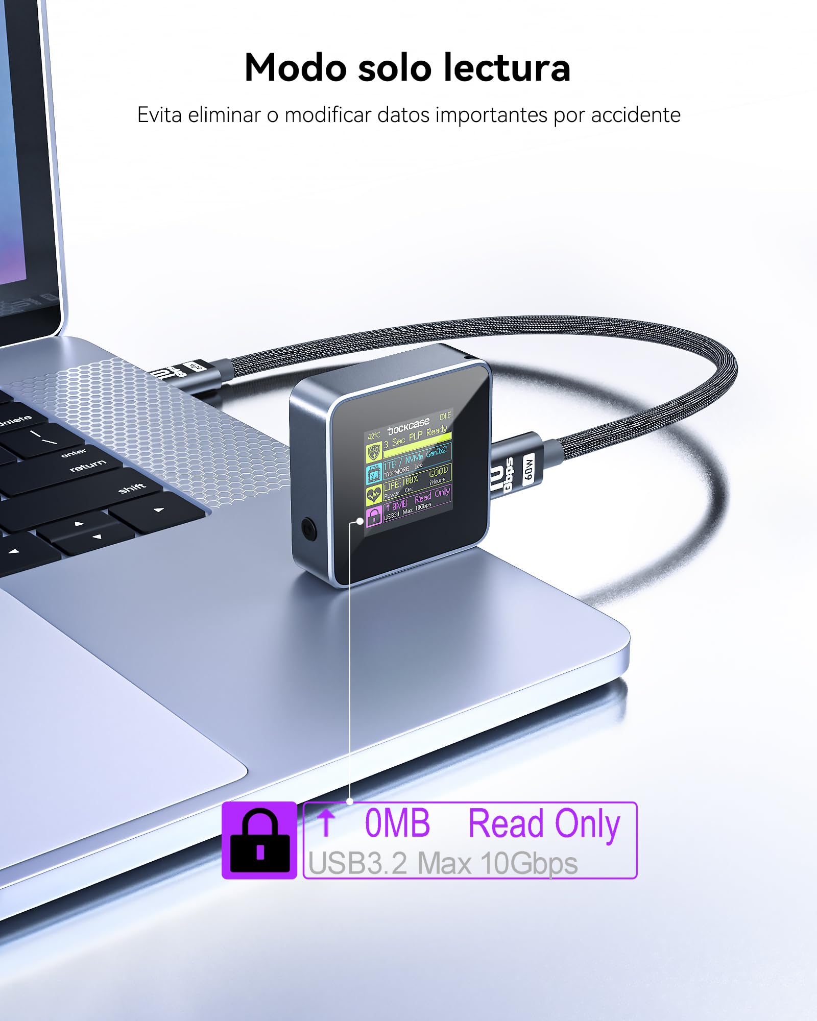 DOCKCASE Pocket M.2 NVMe Smart Carcasa SSD - Detección de Vida Útil del Disco de la Carcasa Disco Duro, 3s Power Loss Protection, USB-C 3.2 (10 Gbps) para 2230 M.2 NVMe/PCle SSD, hasta 2TB, Gris