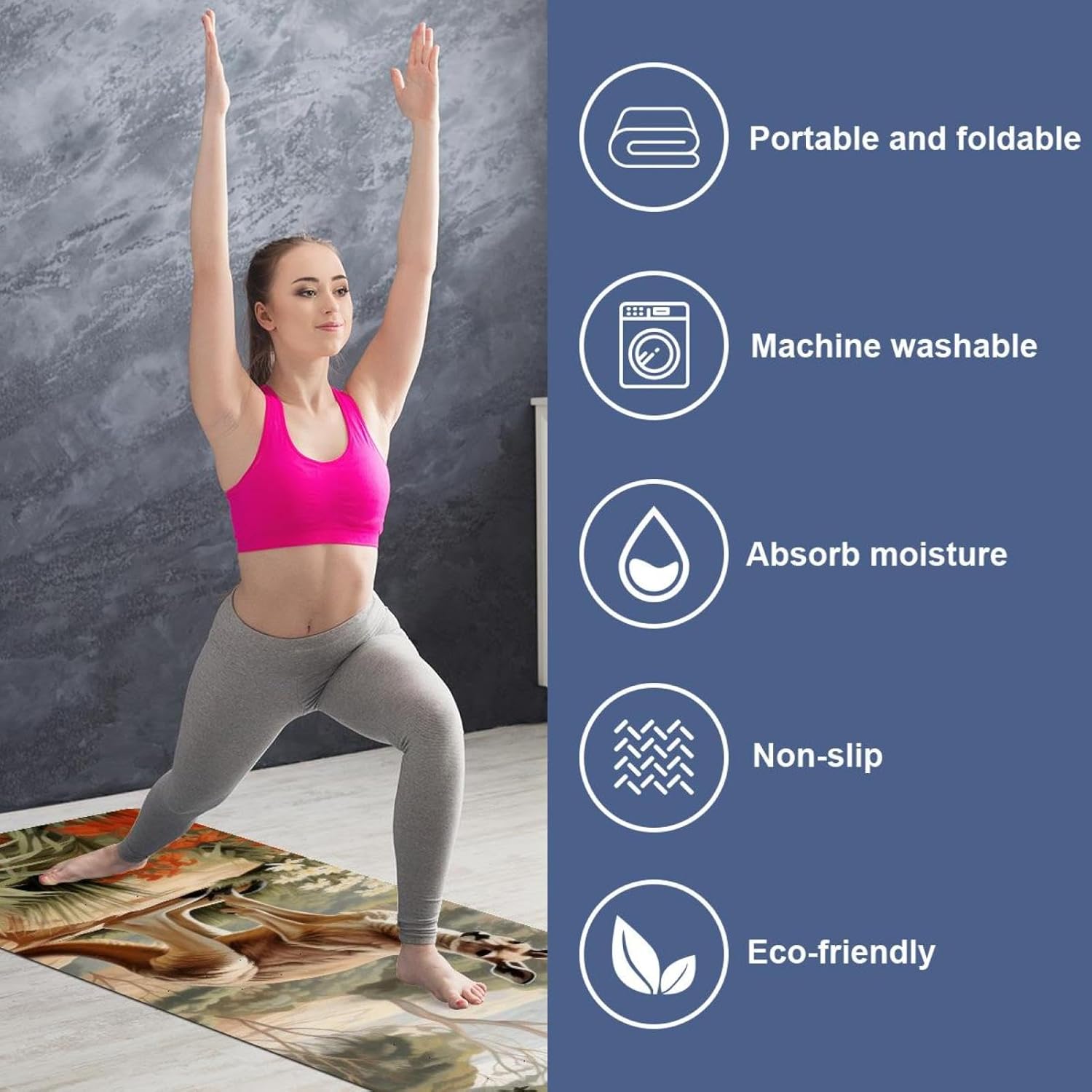 Yoga Towel, Kangaroo Pattern Non Slip Sweat Absorbent Hot Yoga Mat Towel for Hot Yoga, Pilates and Fitness - 72.8" x 26.8"