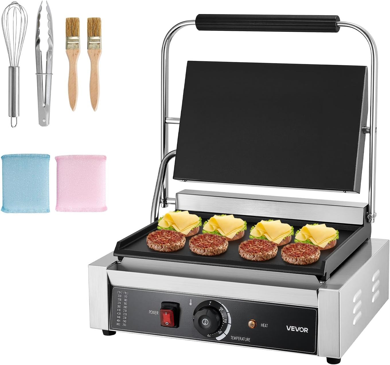 VEVOR Commercial Panini Grill, 1800W Electric Sandwich Panini Maker, Stainless Steel Sandwichs Press Grill with Handle and Temp Control, 13.5x9.3 in Full Flat Enamel Plate, for Hamburger Steak Bacon