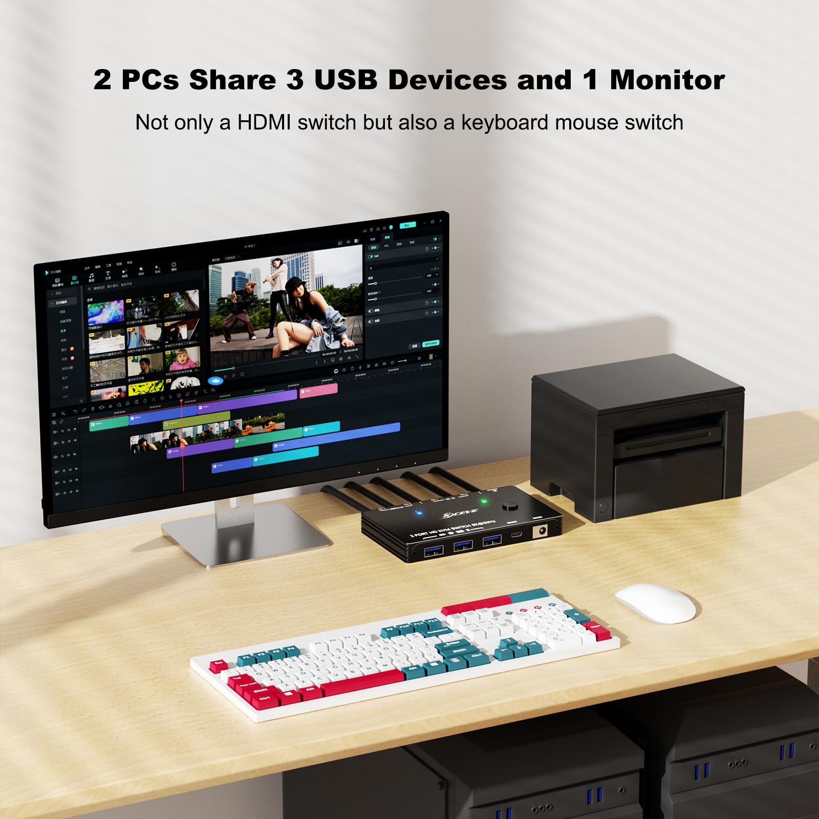 Commutateur KVM HDMI 2 PC 1 moniteurs 8K@60Hz 4K@120Hz, ESKEVE USB3.0 Switch KVM pour 2 PC partageant 1 moniteur et 3 périphériques USB 3.0, avec câble USB, adaptateur secteur et télécommande par