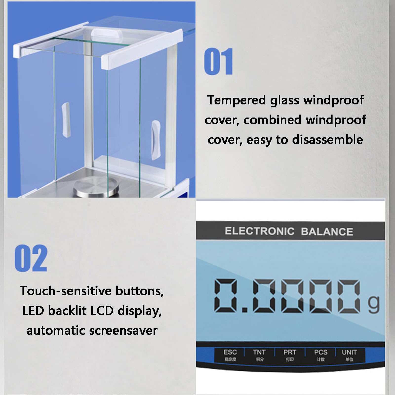 Analysenwaage, Präzisionslaborwaage 0,1 mg, LCD-Display, Kalibriergewicht, Windschutz, RS232, für Schule und Teileprüfung, Größe: 220 g/0,1 mg