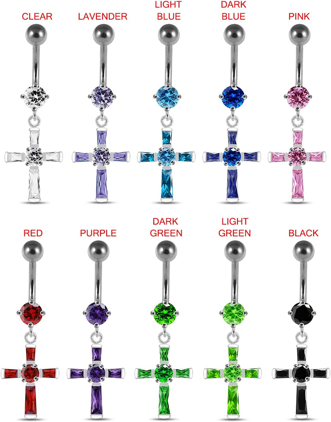 Silver Belly Rings Clear CZ Gemstone Round with Cross Dangling 925 Sterling Body Jewelry