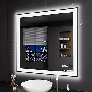 LOAAO 40"X38" LED Bathroom Mirror Black Framed, Anti-Fog, Dimmable, Lighted Bathroom Vanity Mirror for Wall, Memory Function, Tempered Glass
