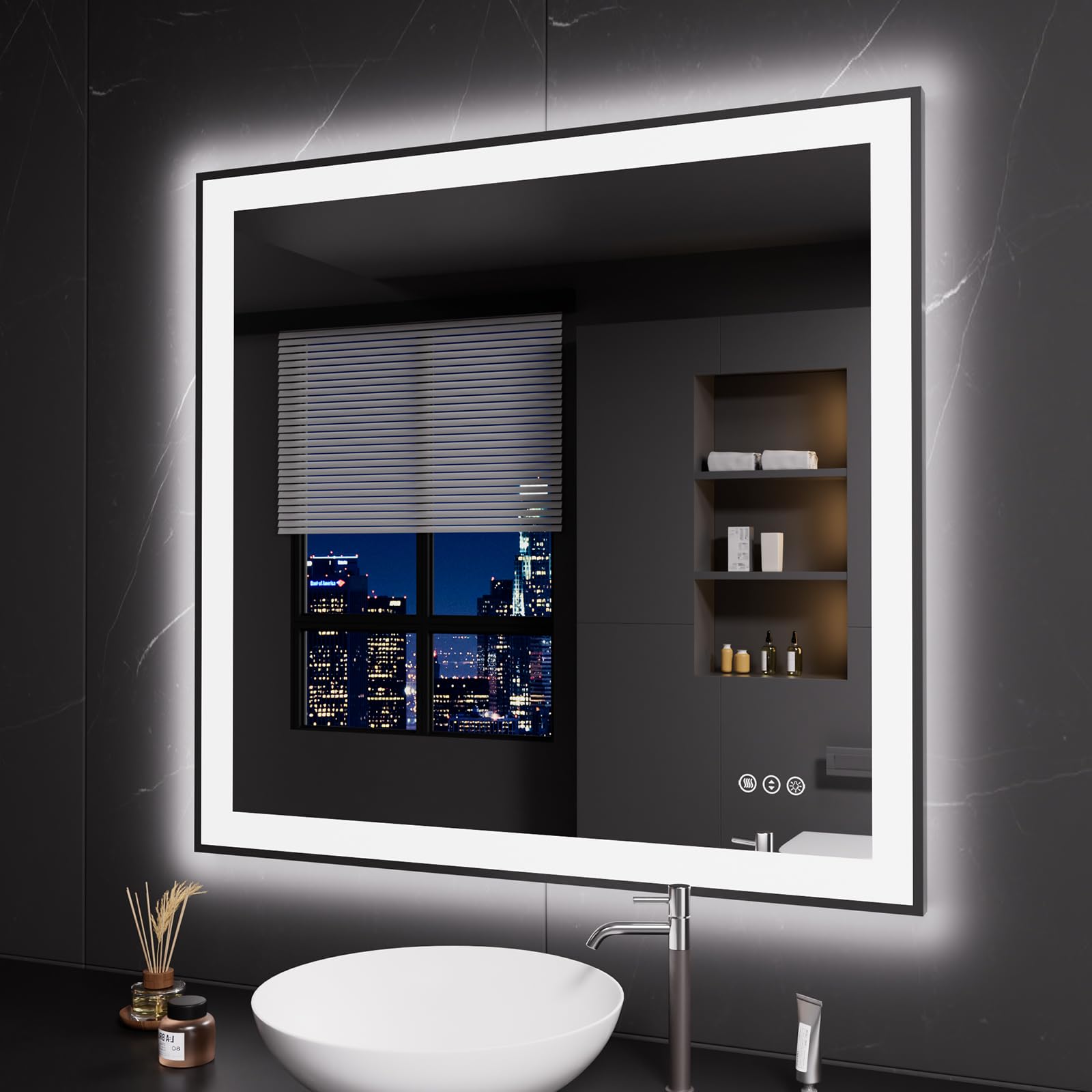 LOAAO 40"X38" LED Bathroom Mirror Black Framed