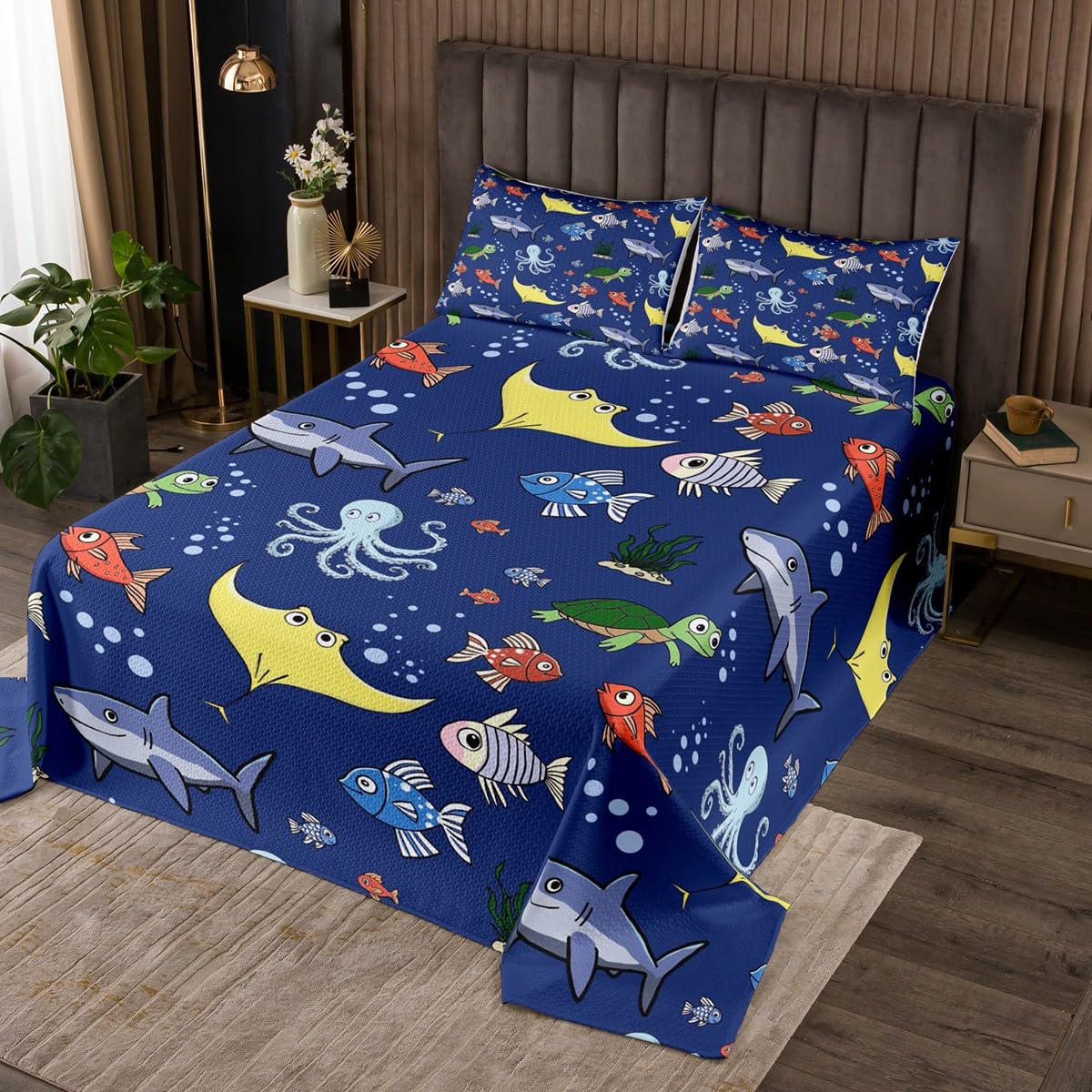 Erosebridal Tortoise Quilt Set for Kida Boys Room, Sea Turtle Shark Coverlet Twin Size, Underwater World Bedspread, Octopus Sea Animal Bedding Set, Dark Blue