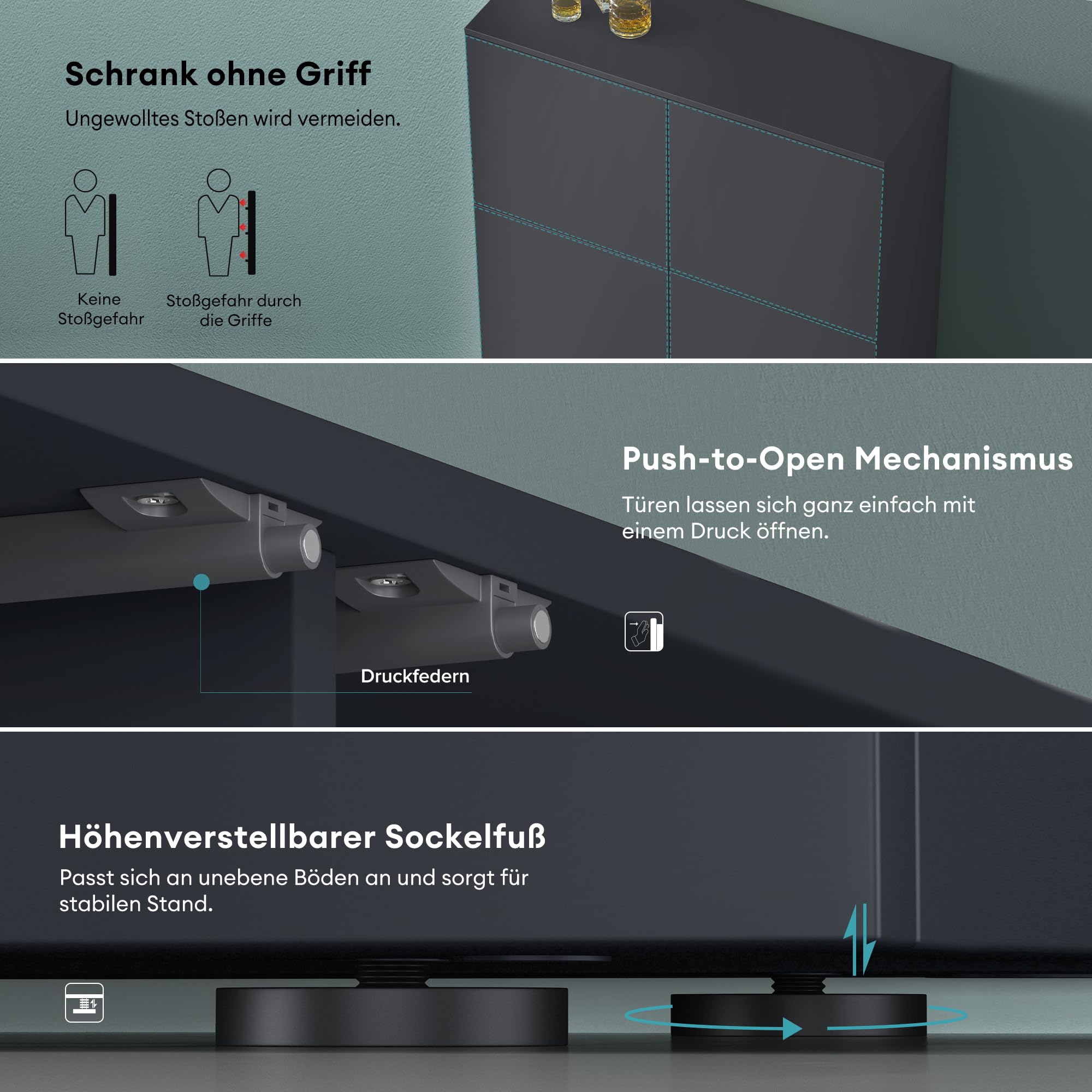 Mai & Mai Sideboard 100cm Kommode 4 Türen Soft-Close grifflos Stauraum | Kommodenschrank, Wohnzimmer Möbel, Flurschrank, bis zu 8 Staufächer, Anthrazit matt, BxTxH:100x36,4x98cm, Schrank04