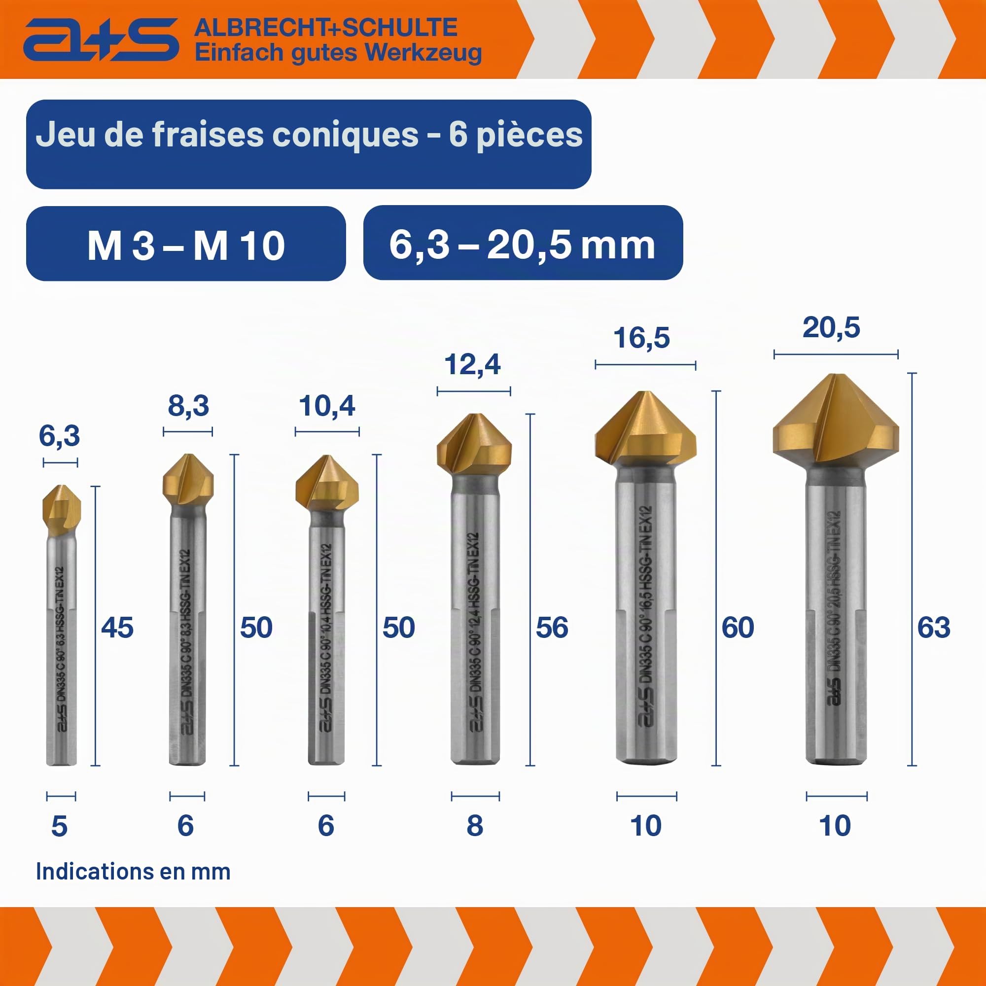 Lot de 6 fraises coniques HSS-G TiN Jeu de 6 fraises 90° DIN 335 C Pour métal, bois, aluminium et plastique Affûtées avec précision Ø 6,3 à 20,5 mm Dans coffret ABS