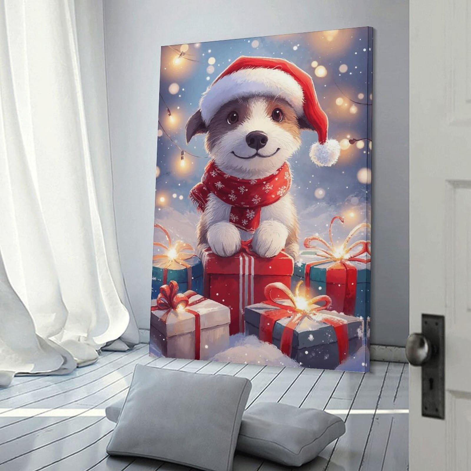 Junmoney Frame-Style-16 Christmas Puppy With Gifts Decorative Wall Artwork, 16X24inch(40X60cm), For Home Lounge, Bedroom Or Reading Nook, Easy Decor For Gallery Walls
