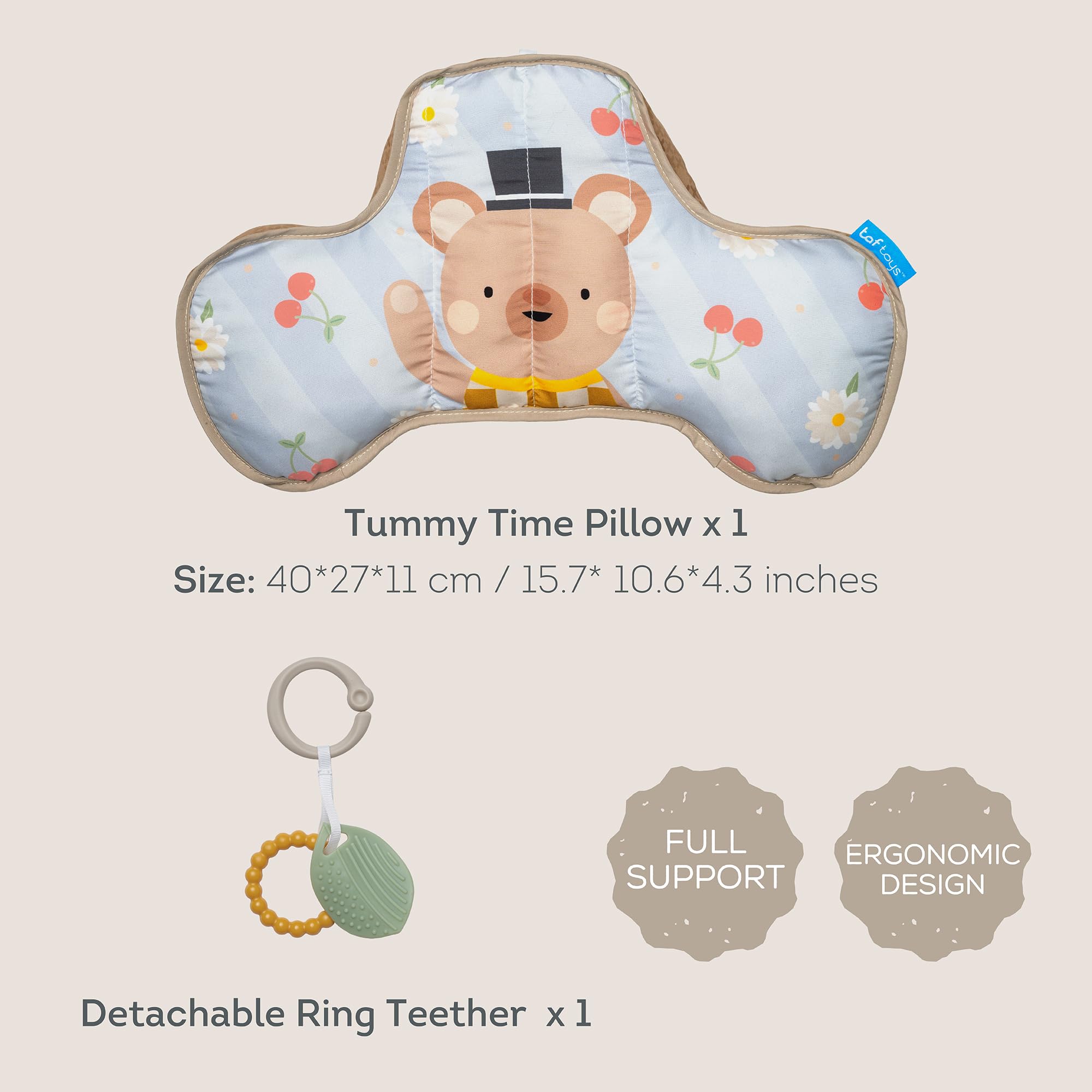 Coussin Tummy Time Bébé Ours – Coussin Ventral d’Éveil avec 2 Jouets Amovibles – Développement Motricité et Muscles du Cou – Dès la Naissance – 40x27x11 cm - 13715