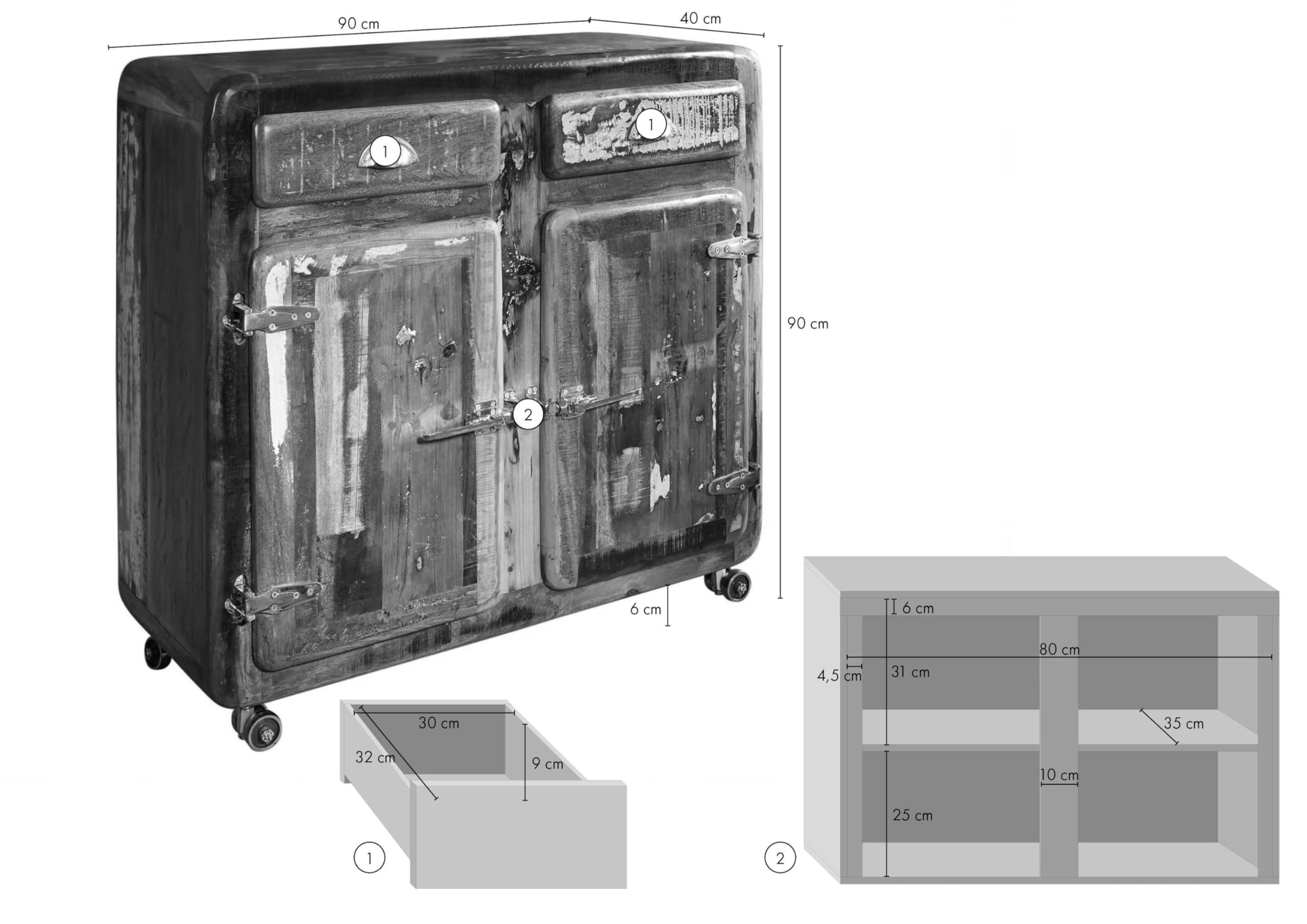 MASSIVMOEBEL24.DE | FREEZY Kommode aus Massivholz und Eisen #37 Altholz - Mehrfarbig, lackiert Industrial-Stil 90x40x90 cm Kommode aus Massivholz Vollholzkommode