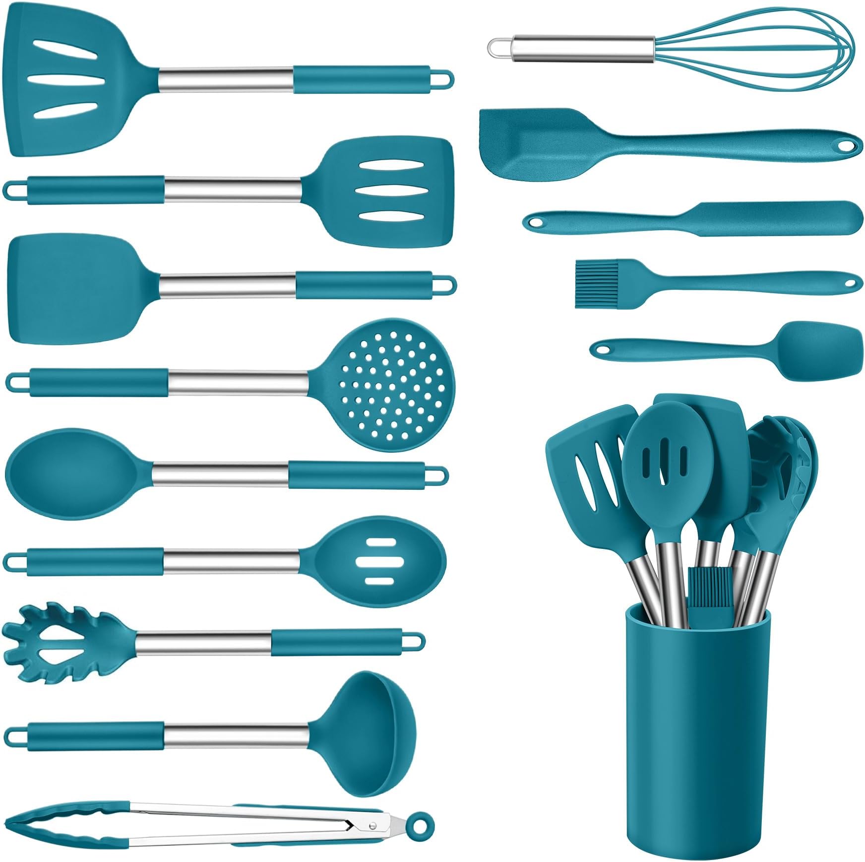 15pcs Kitchen Cooking Utensils Set with Holder, Onader Heat Resistant Silicone Kitchen Utensils Spatula Set with Stainless Steel Handle - Blue