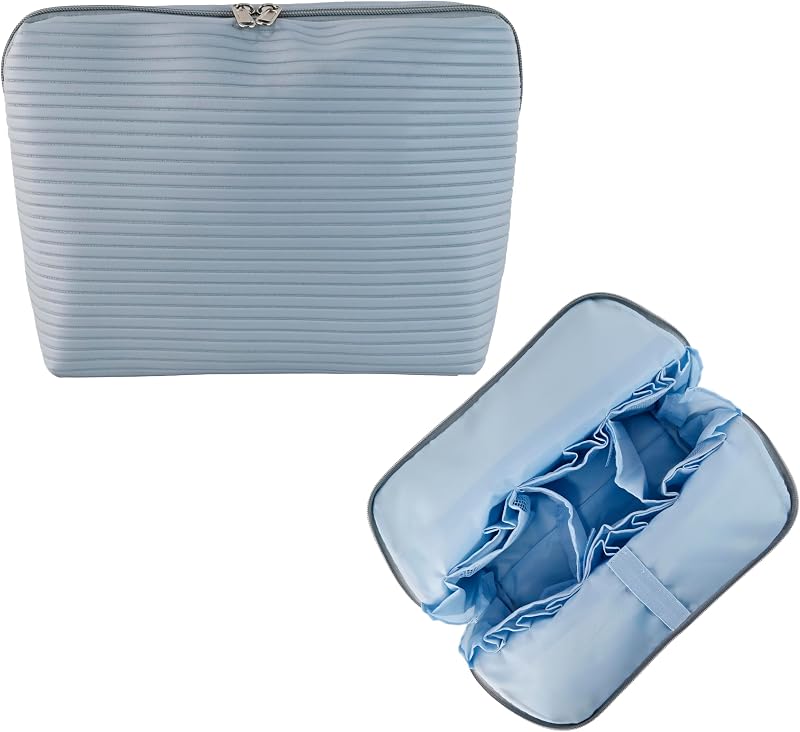 Necessaire de maquiagem Tense Edano azul com divisórias, suporte para pincéis e fechamento por zíper, TEX021