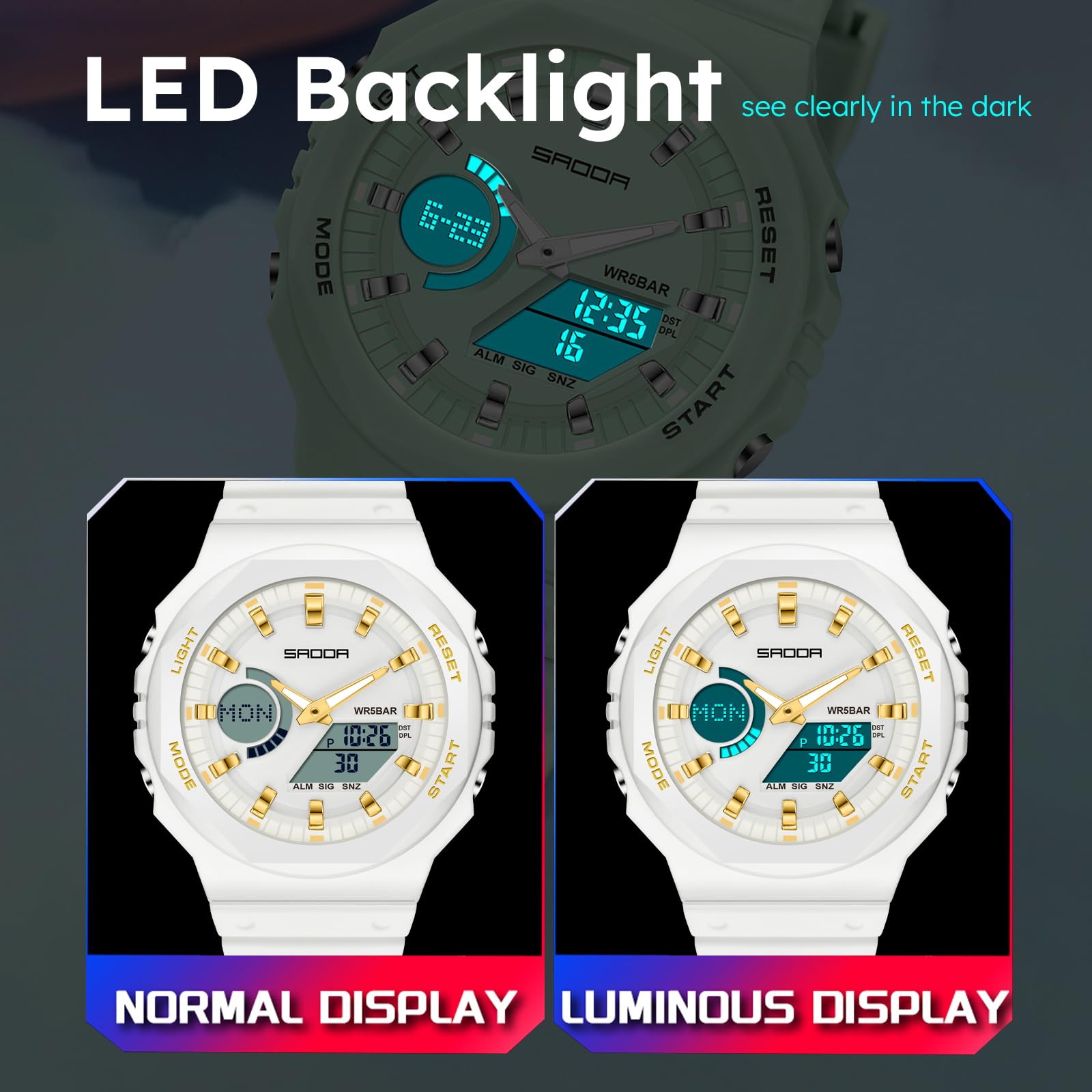 Reloj digital para mujer, reloj deportivo resistente al agua hasta 5 ATM | Relojes de pulsera analógicos con retroiluminación LED, calendario de 12/24 horas