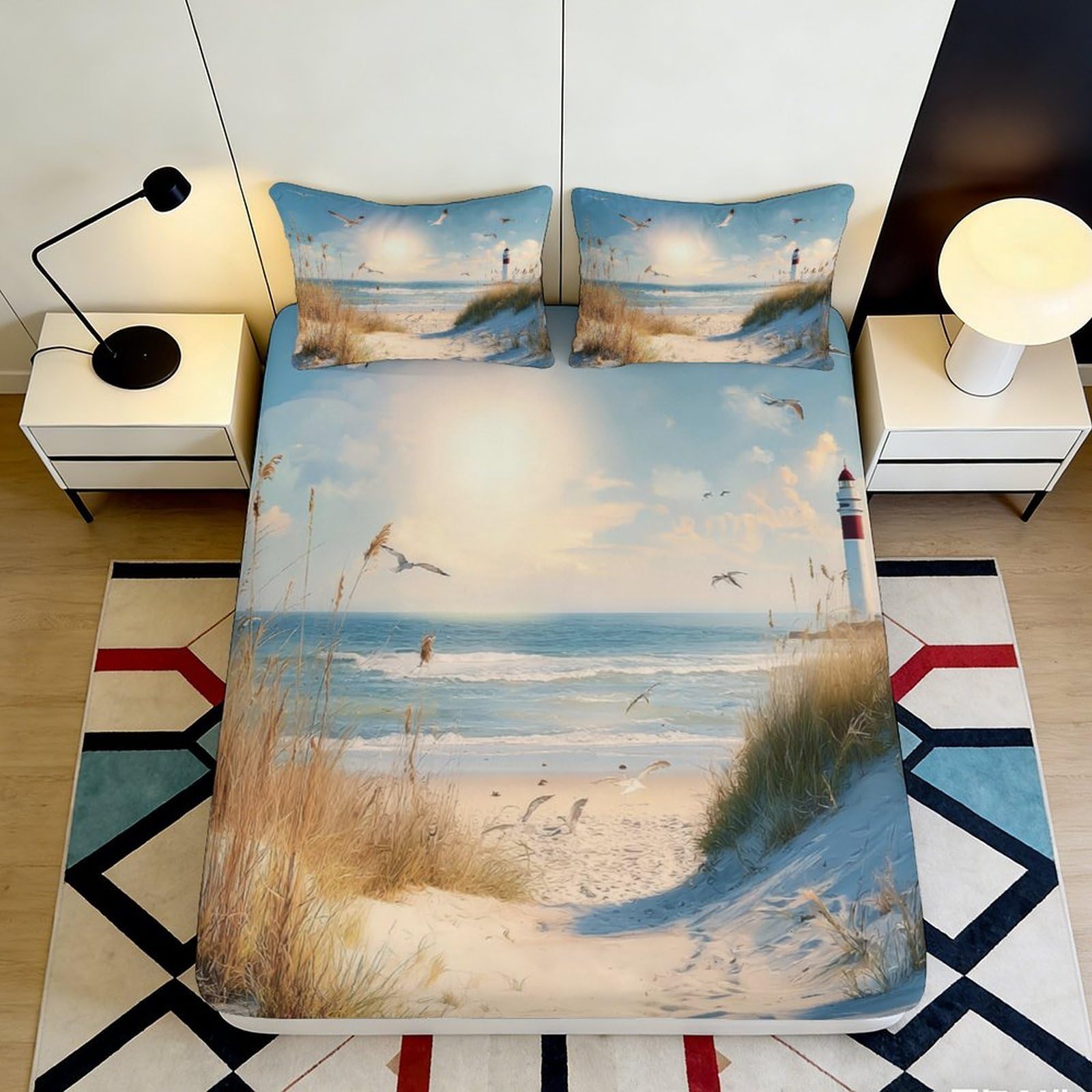 3D Printed Beach Sunrise Fitted Sheet Microfiber Seaside Lighthouse Mattress Cover Bedroom Guest Room Decor Protection 90x200x25cm