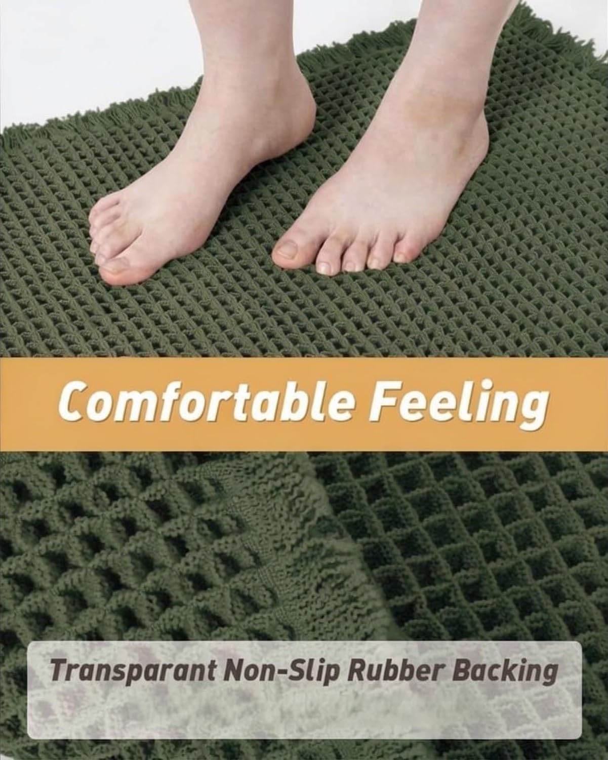 Alfombrilla de baño de gofre extra absorbente y antideslizante, diseño ultrasuave con borlas decorativas, lavable a máquina con respaldo de goma antideslizante,, Verde scuro, 46x76 cm (rettangolare)