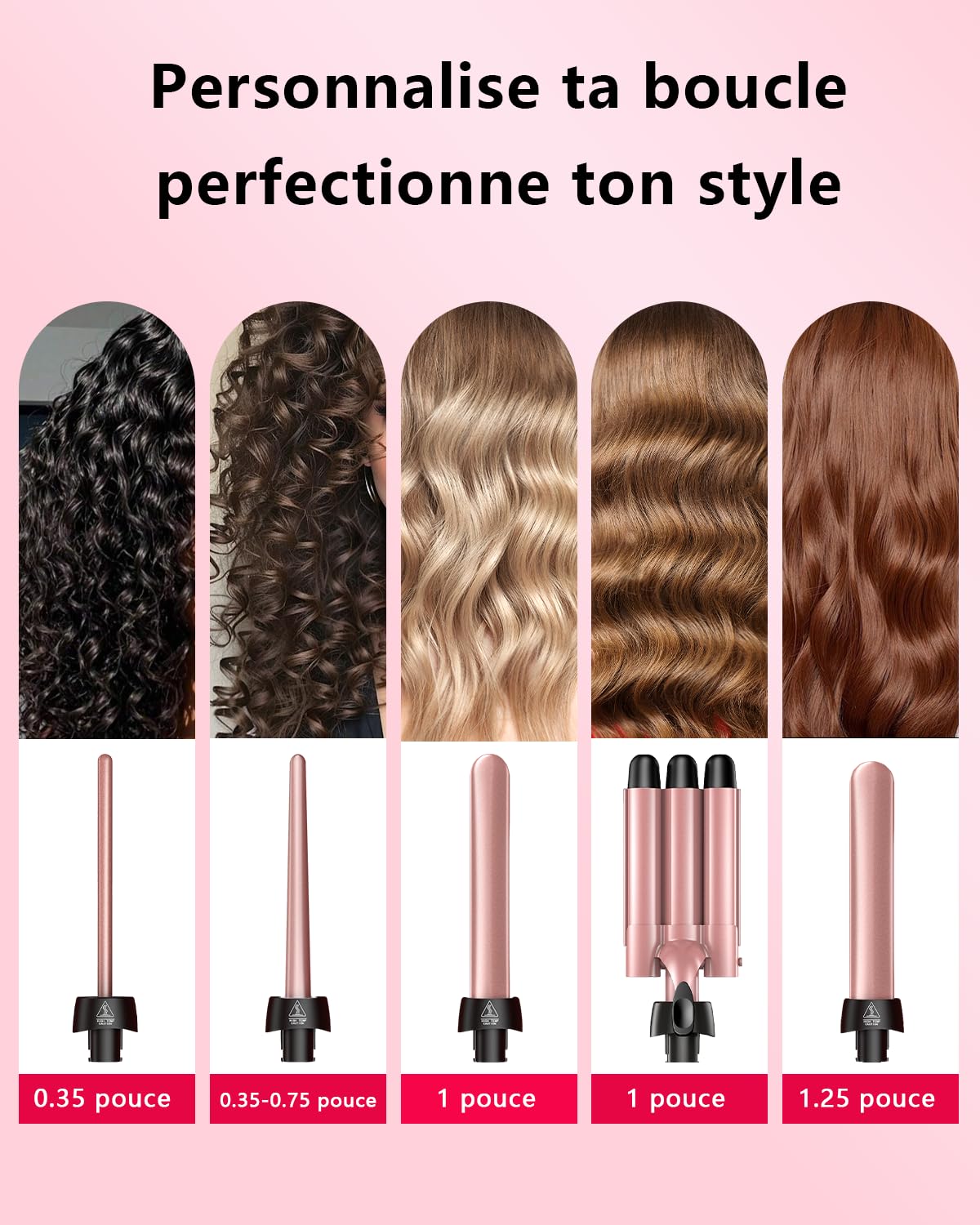 5 en 1 Fer à Boucler & Set de Ferveur à 3 Barils avec Barils Céramiques Interchangeables, Chauffe Rapide, Outils de Voyage Double Tension, Cadeau d'Anniversaire pour Femmes