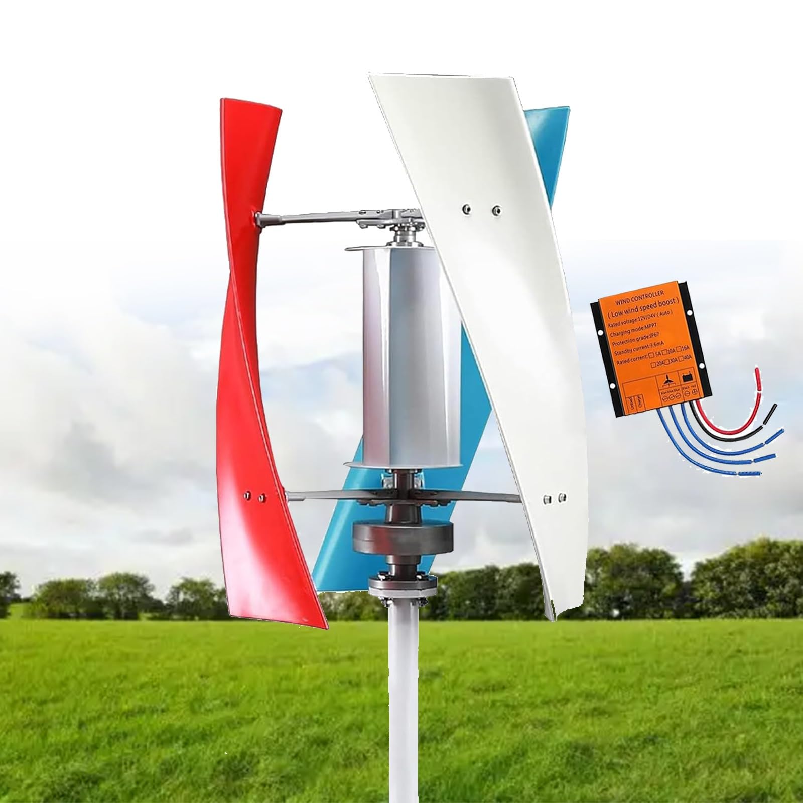 Kit generatore eolico verticale da 18000 W, per uso domestico ed esterno, compatibile con 12 V/24 V/48 V, 3 pale a magnete permanente, sistema ibrido di energia eolica e solare, colorato.