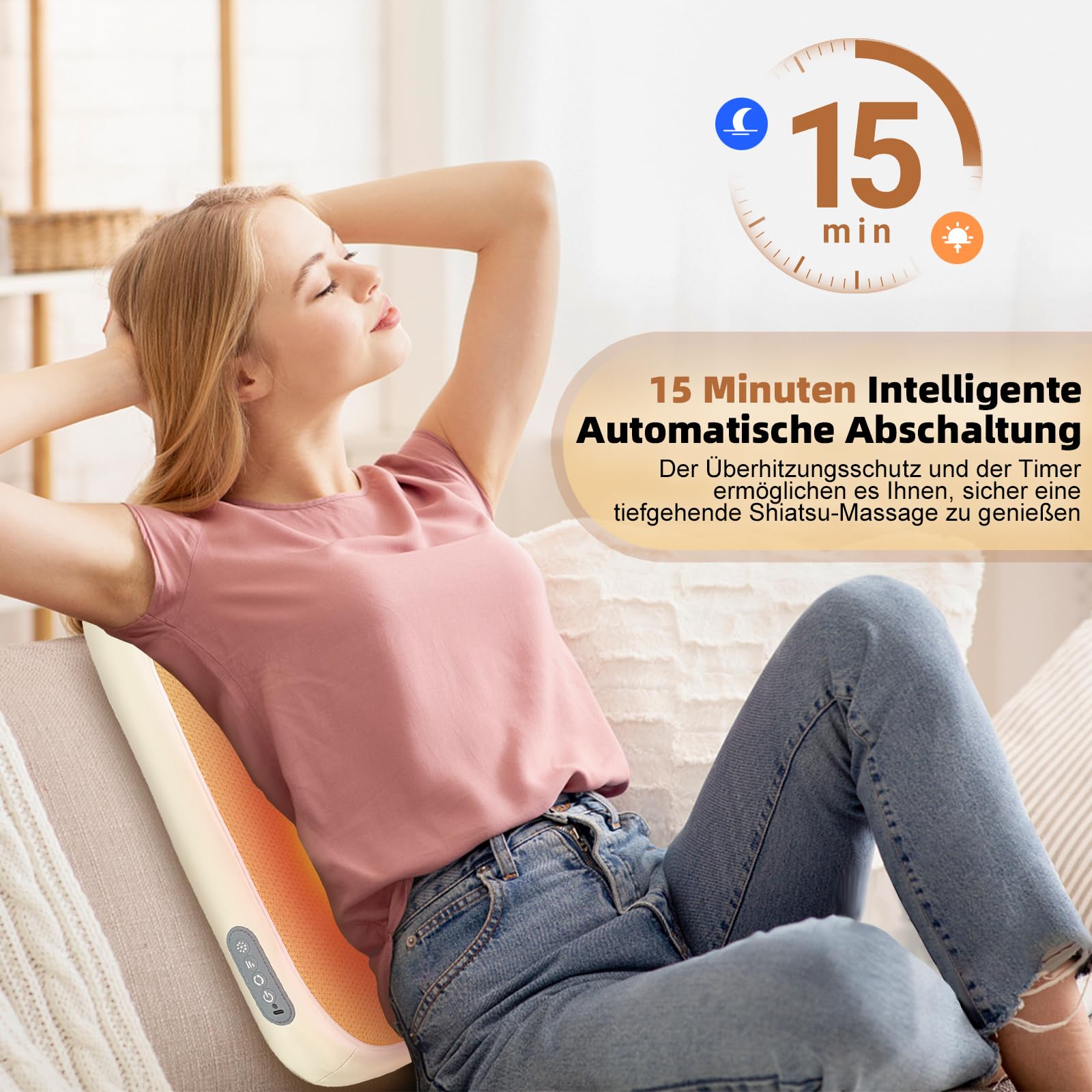 Shiatsu Nackenmassagegerät Rücken Massagekissen, Kabellos Knetmassagegerät mit 3 Intensitäten, Wärme & Rollfunktion, zur Schmerzlinderung, für Zuhause Büro Auto