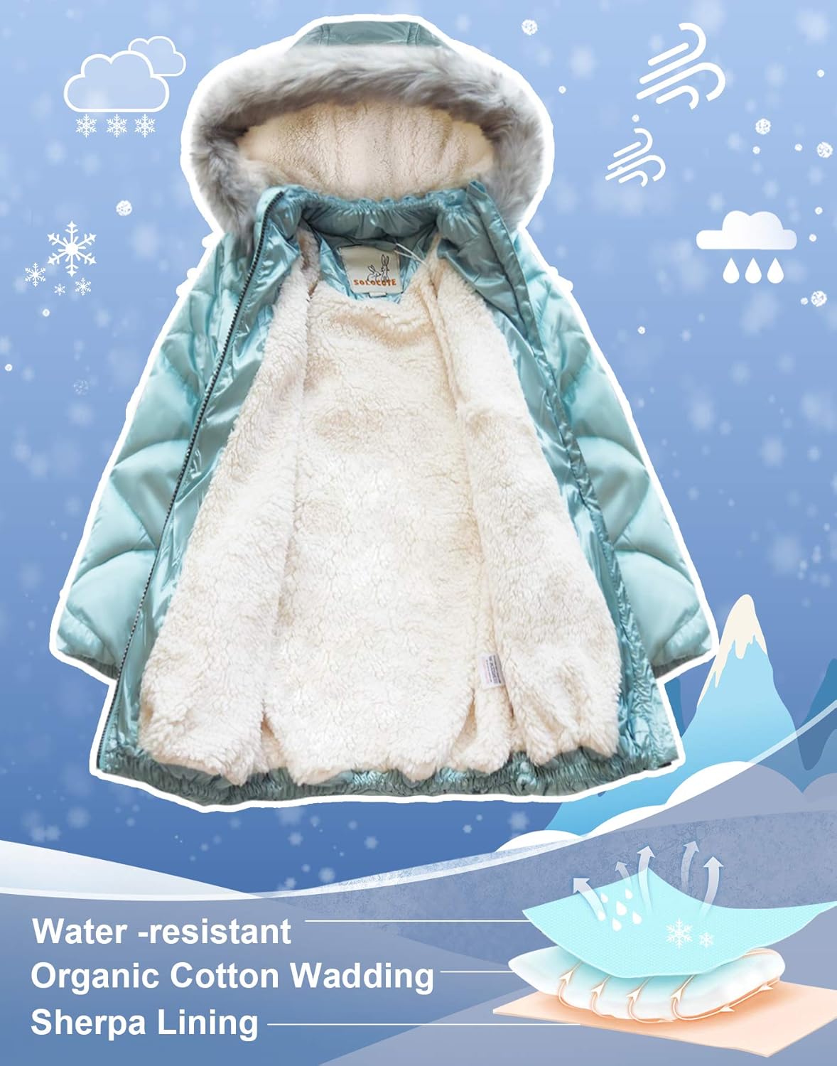 SOLOCOTE Girls Winter Coats Hooded Sherpa Lined Lightweight Jacket Thick Warm Puffy Waterproof Windproof Cotton Shiny Jackets: Clothing, Shoes & Jewelry