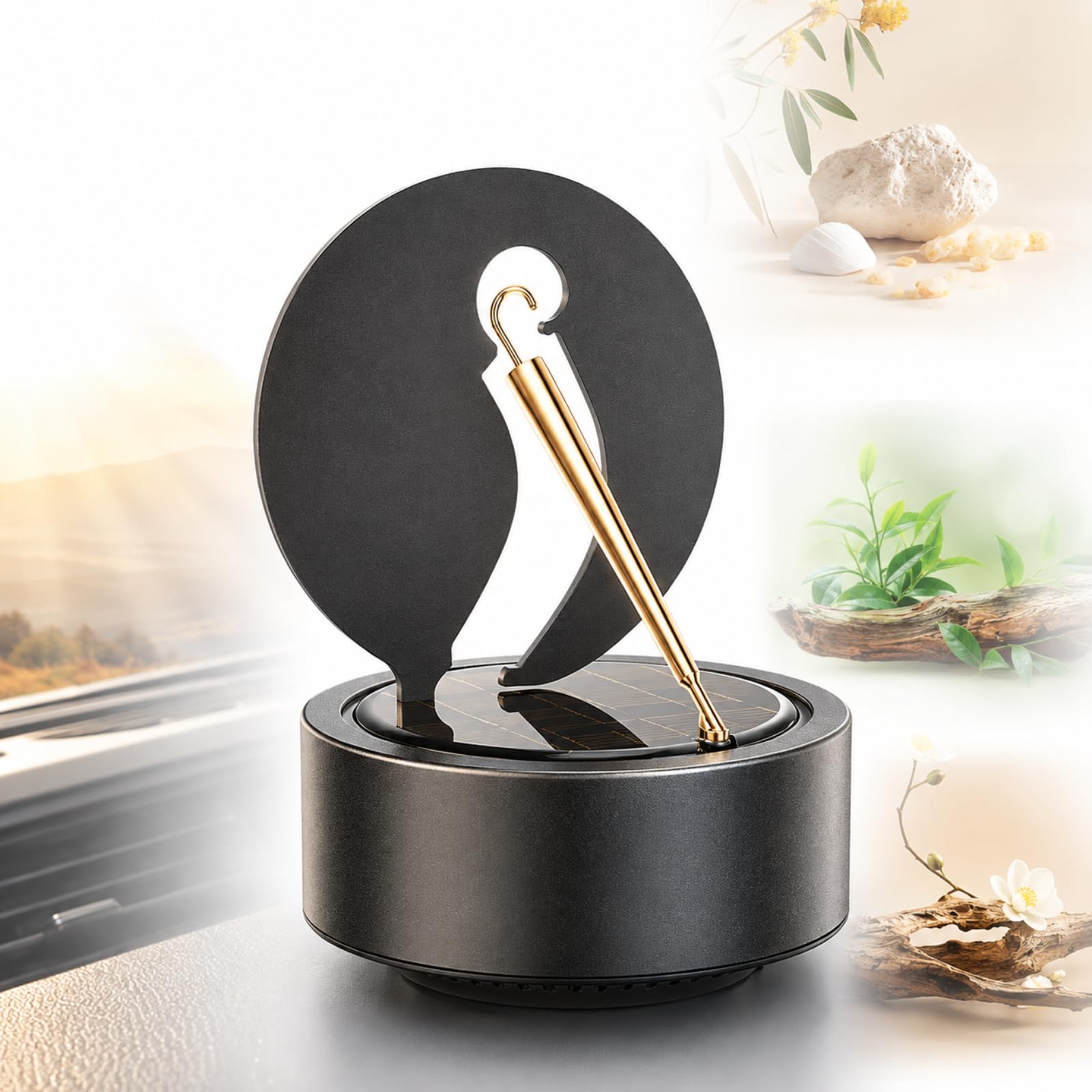 Deodorante per Auto, Diffusore Solare Rotante per Auto, 11 Cm × 11 Cm × 12 Cm, Accessorio Deodorante per Auto in Lega Senza Batterie, Rotazione Automatica, per Ufficio E Casa Black