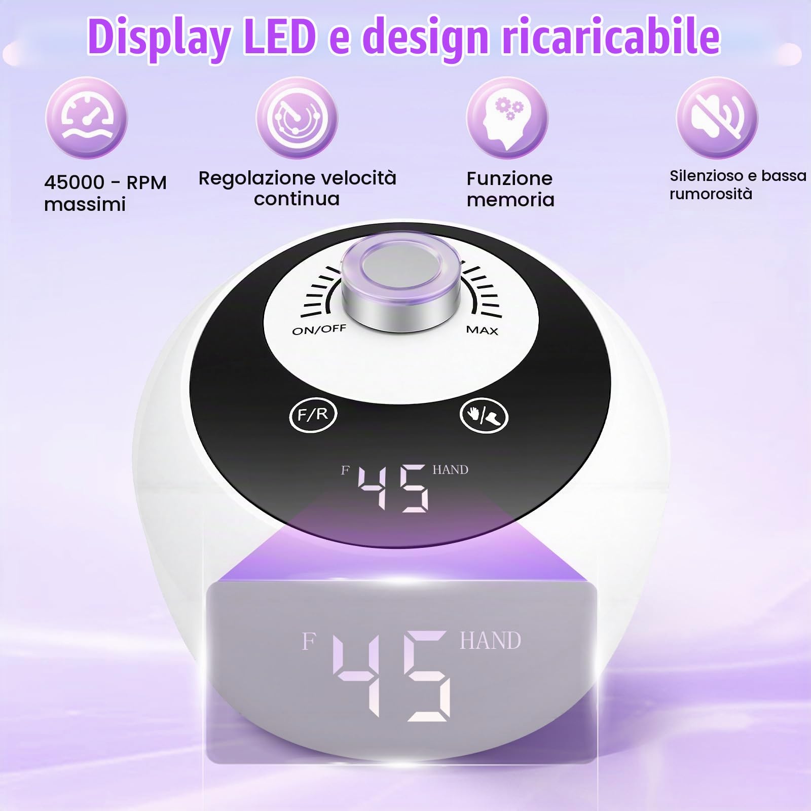 Fresa per Unghie Professionale 45000RPM, Fresa per Unghie, Lima Per Unghie Elettrica, Set Manicure e Pedicure Elettrico con display a LED, 6 Testine di Levigatura, Portable Nail File Kit per Salon
