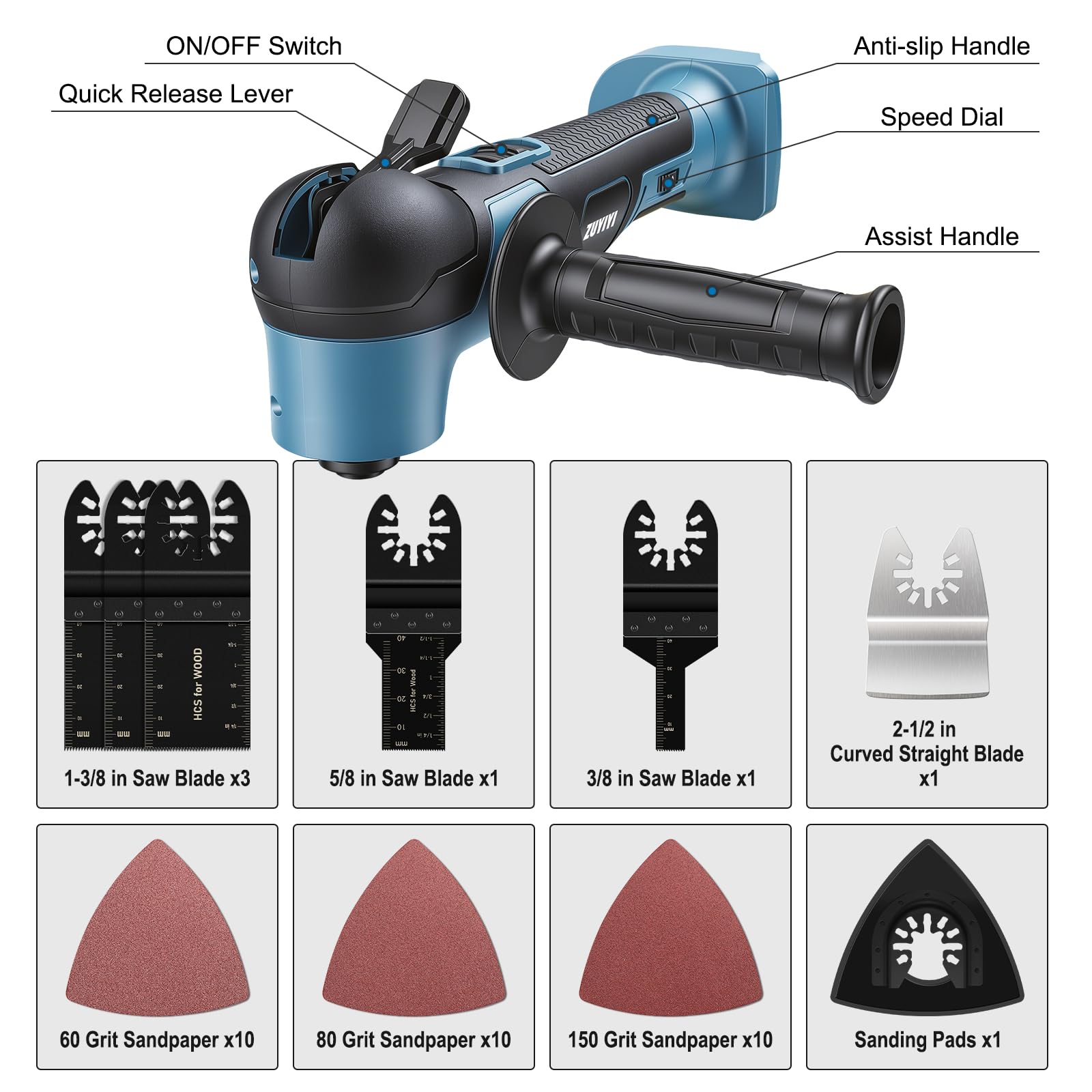 Multiherramienta oscilante inalámbrica para batería de 18 V (no incluida), reemplazo de bloqueo rápido, 37 accesorios para raspar, lijar, cortar madera
