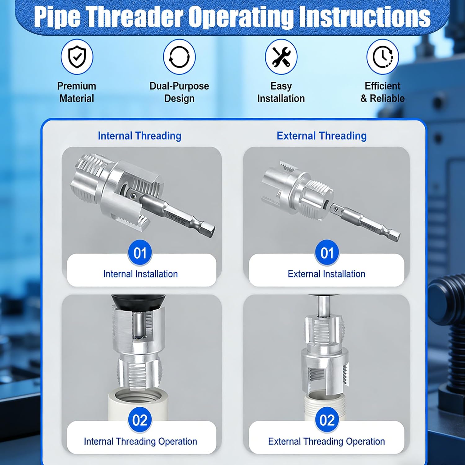 3PCS 1/2" 3/4" 1" PVC Pipe Threader, Internal & External Pipe Thread Cutting Tool, 4 in 1 Water Pipe Wrench, Plastic Pipe Threading Tool for Electric Drill Compatible Repair Plumbing Projects DIY Home