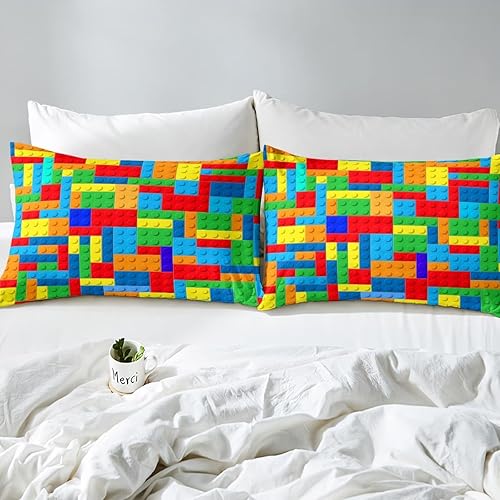 Miniatura 5 de Juego de funda de edredón de bloques de construcción de acuarela, tamaño Queen, juego de ropa de cama de ladrillos coloridos para niños, niñas y