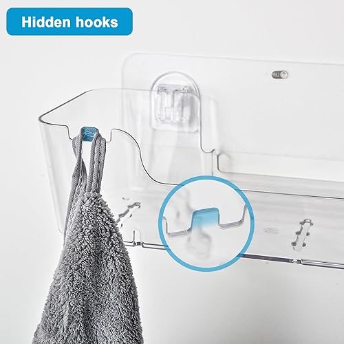 Miniatura 6 de CGBE Organizador de ducha autoadhesivo de acrílico estante de pared de baño sin taladrar con ganchos ocultos y agujeros de drenaje, organizador