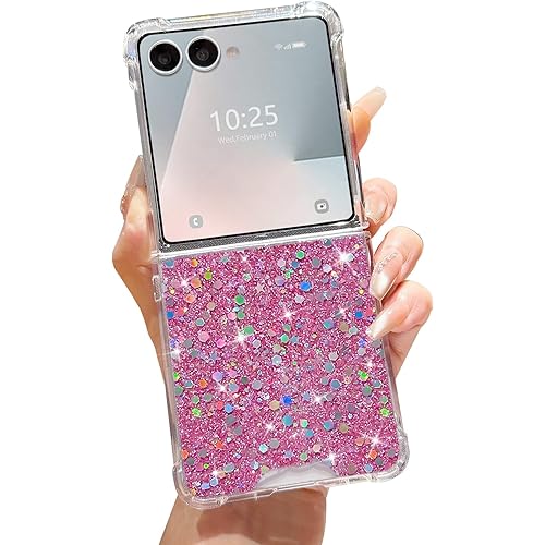 LCHULLE for Samsung Galaxy Z Flip 7 Case Bling Glitter for Girls Women Cute Shiny Sparkle Sequin Stars, Soft Silicone Four-Corner Shockproof Cover Protective Phone Case for Samsung Z Flip 7 5G(Pink)
