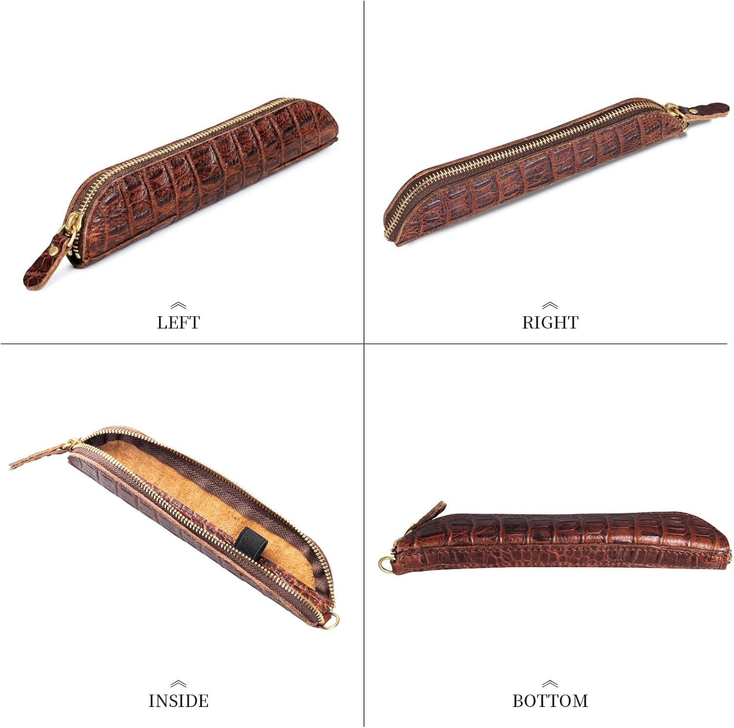 Gexmil Genuine Leather Pen Case, Full Grain Leather Mini Pencil Holder, Hand-made Stationery Bag for Work & Office, Vintage Style, Crocodile Brown