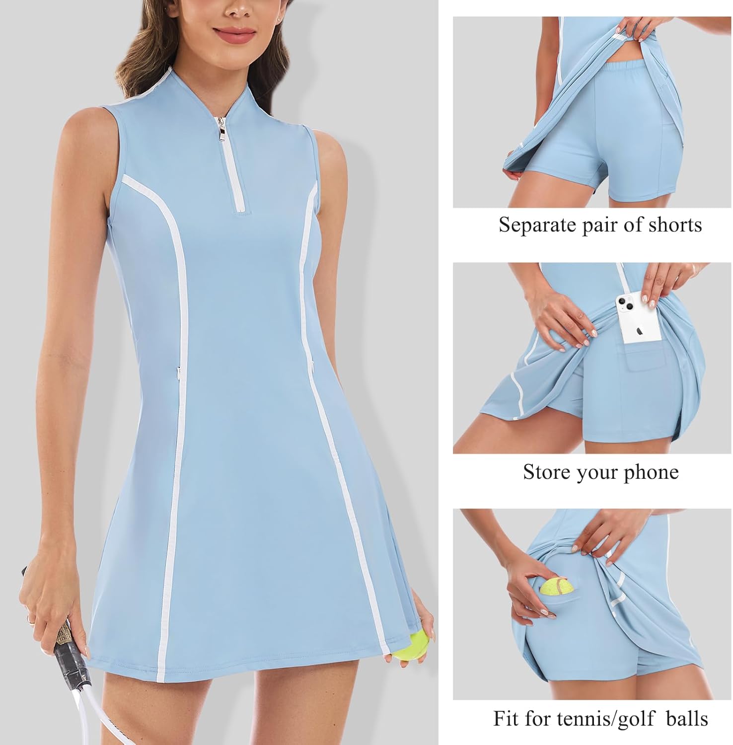 LURANEE Tennis Dress for Women Sleeveless Golf Dresses with Shorts and Pockets Zip Up Collarless Athletic Outfits