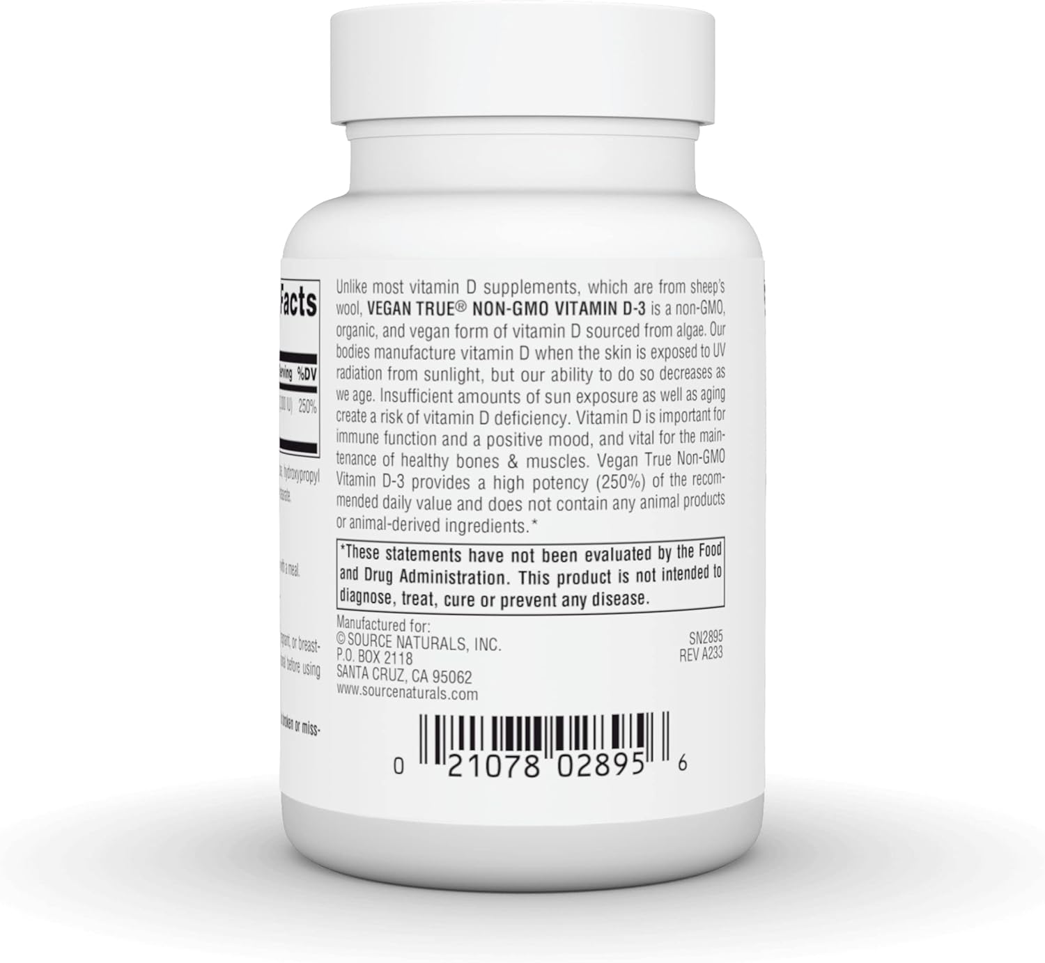 Source Naturals Vegan True, Non-GMO Vitamin D-3, Dietary Supplement for Immune and Bone Health*, 2,000 IU - 90 Capsules
