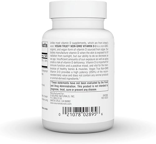 Miniatura 3 de Source Naturals Vegan True, Vitamina D-3 sin OMG, suplemento dietético para la salud inmunológica y ósea*, 2,000 UI - 90 cápsulas