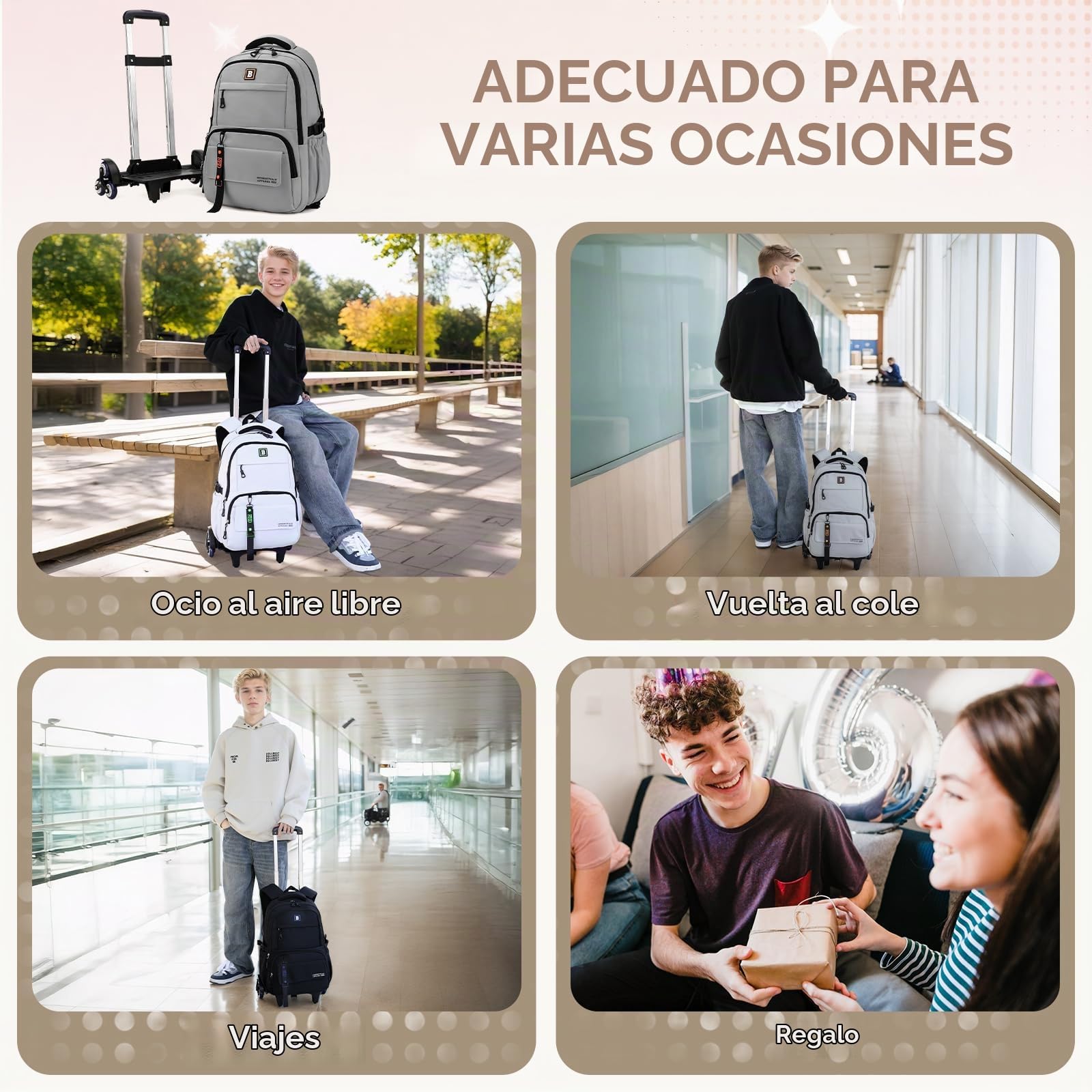 Amythe Mochilas con Ruedas para Niños, Mochila Escolar Adolescentes, Bolso Colegio de Moda para la Universidad, 31L Mochila Casual con Carrito, Ligera y Resistente al Agua, Gris