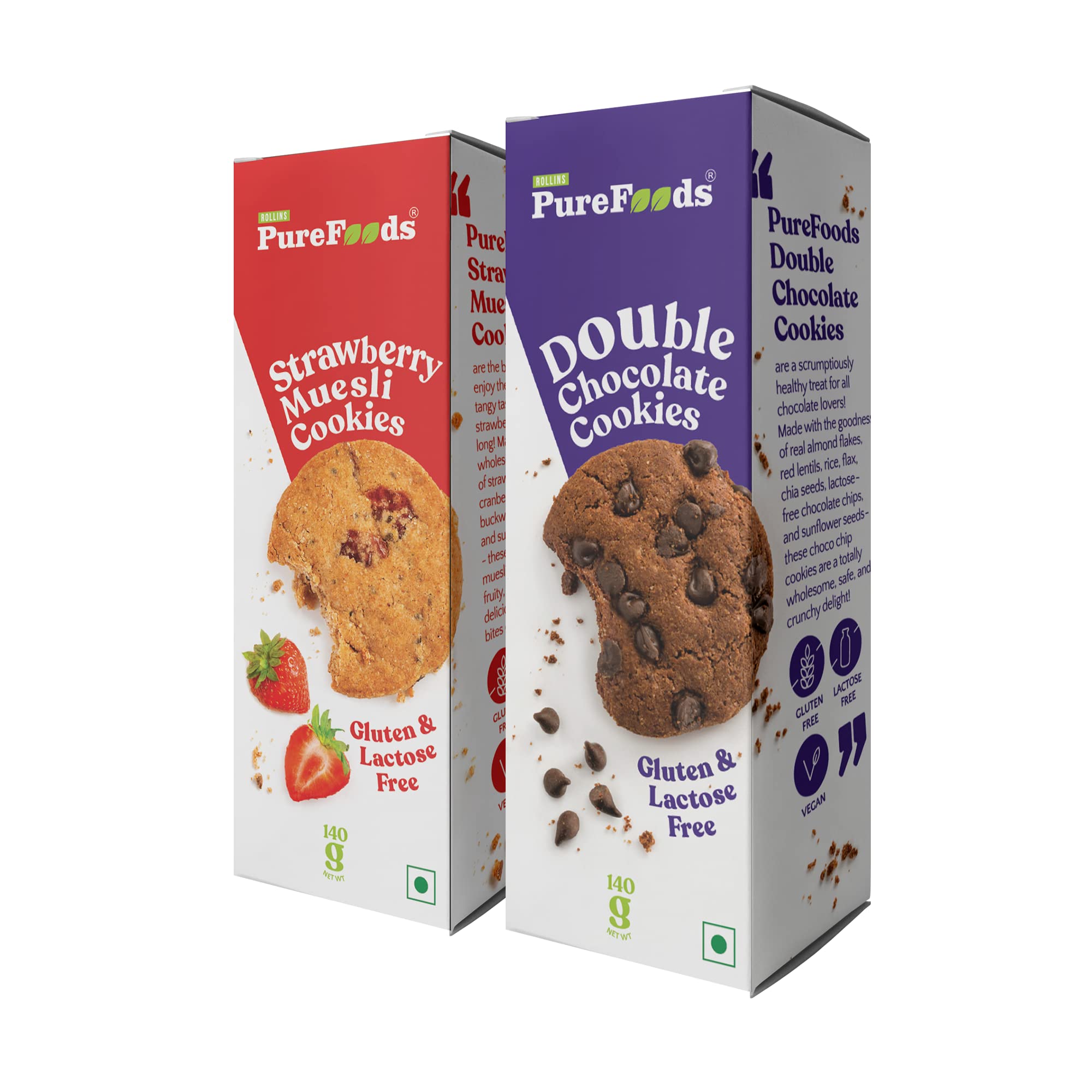 PureFoods Delicious & Tasty Cookies Collection With Different Flavour | Gluten Free, Lactose free and Vegan (Strawberry Muesli 140g + Double Chocochips 140g)