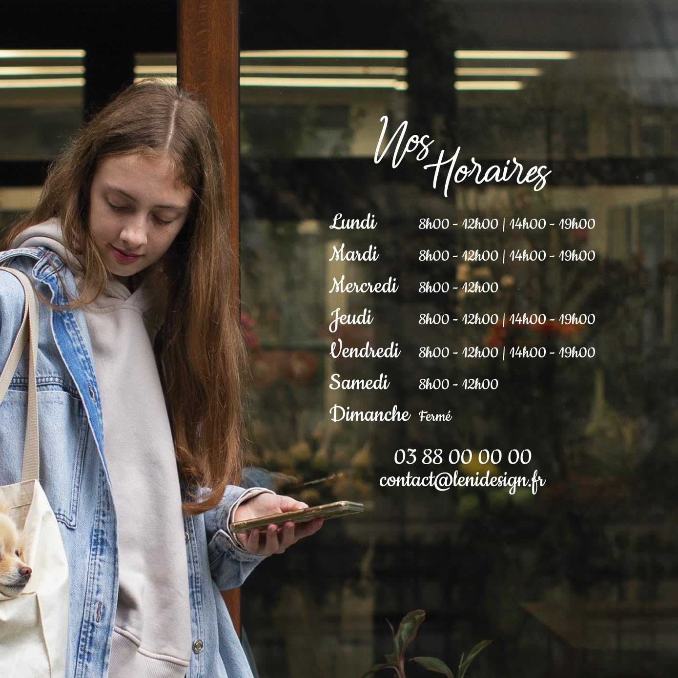 Adhésif horaires d’ouverture boutique 28x40 cm – Sticker vitrine commerce personnalisé – Horaires magasin restaurant salon esthétique – Blanc noir or – Découpe miroir pose intérieure
