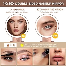 1X/30X Magnifying Mirror with Light, Double Sided Makeup Mirror with Adjustable 3 Color Light, 2000mAh Rechargeable Lighted Magnifying Mirrors with Tweezer, Foldable Travel Mirror with Rotation