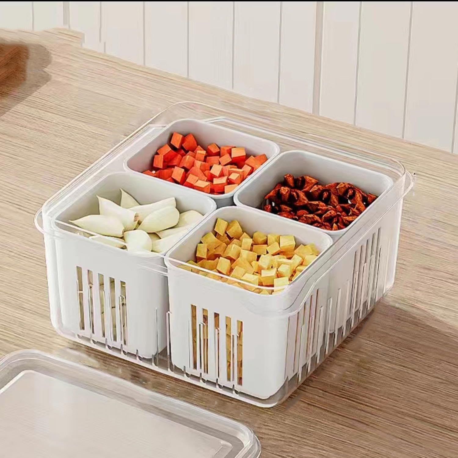 KESI ORNAMENTS 4 Compartments Food Container Leakproof Fresh-Keeping Storage Box With Drainage Plastic Rectangular Stackable Fruit Vegetables Storage Kitchen Accessories Transparent, Easy To Clean