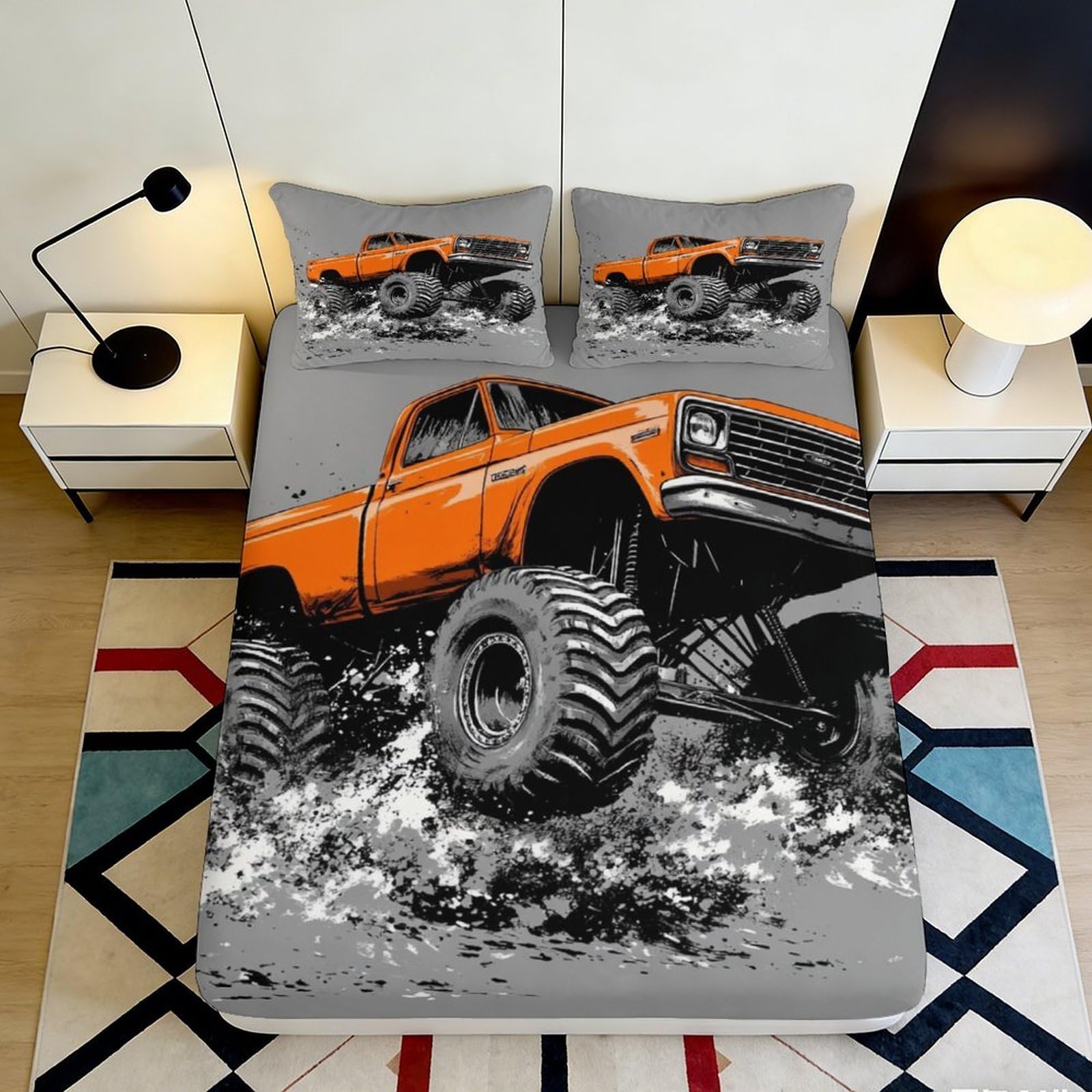 Pnayamiorkfel Style-8 3D Printed Orange Monster Truck Fitted Sheet Microfiber Breathable Splash Effect Bed Sheet For Bedroom Dorm Decor 90X200x25cm